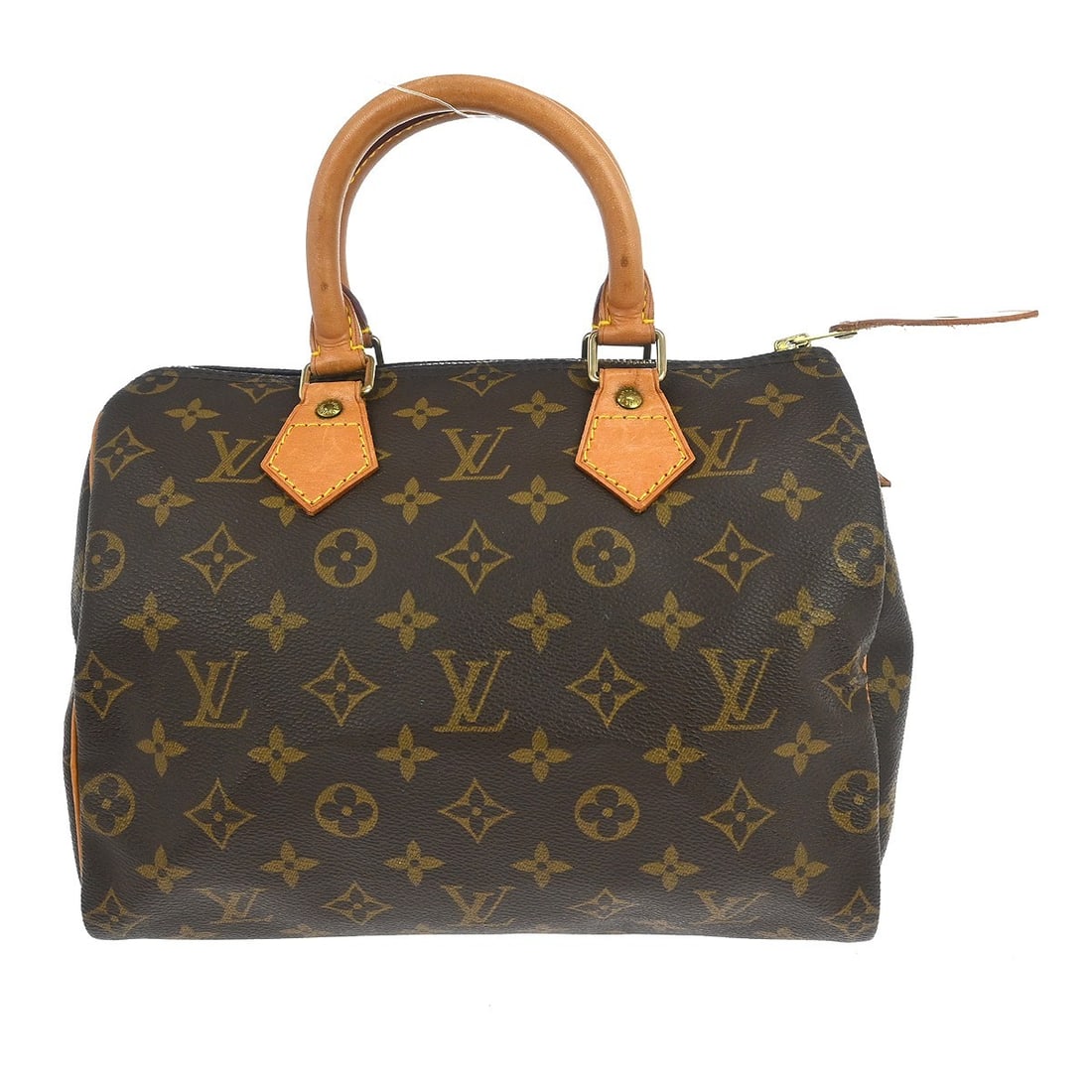 Louis Vuitton Speedy 25 Monogram Canvas Small Brown Duffle Bag: Louis Vuitton Speedy 25 Monogram Canvas Small Brown Duffle Bag This Louis Vuitton Speedy 25 handbag features the iconic monogram canvas exterior with beige leather double handles and a zip closure. Th