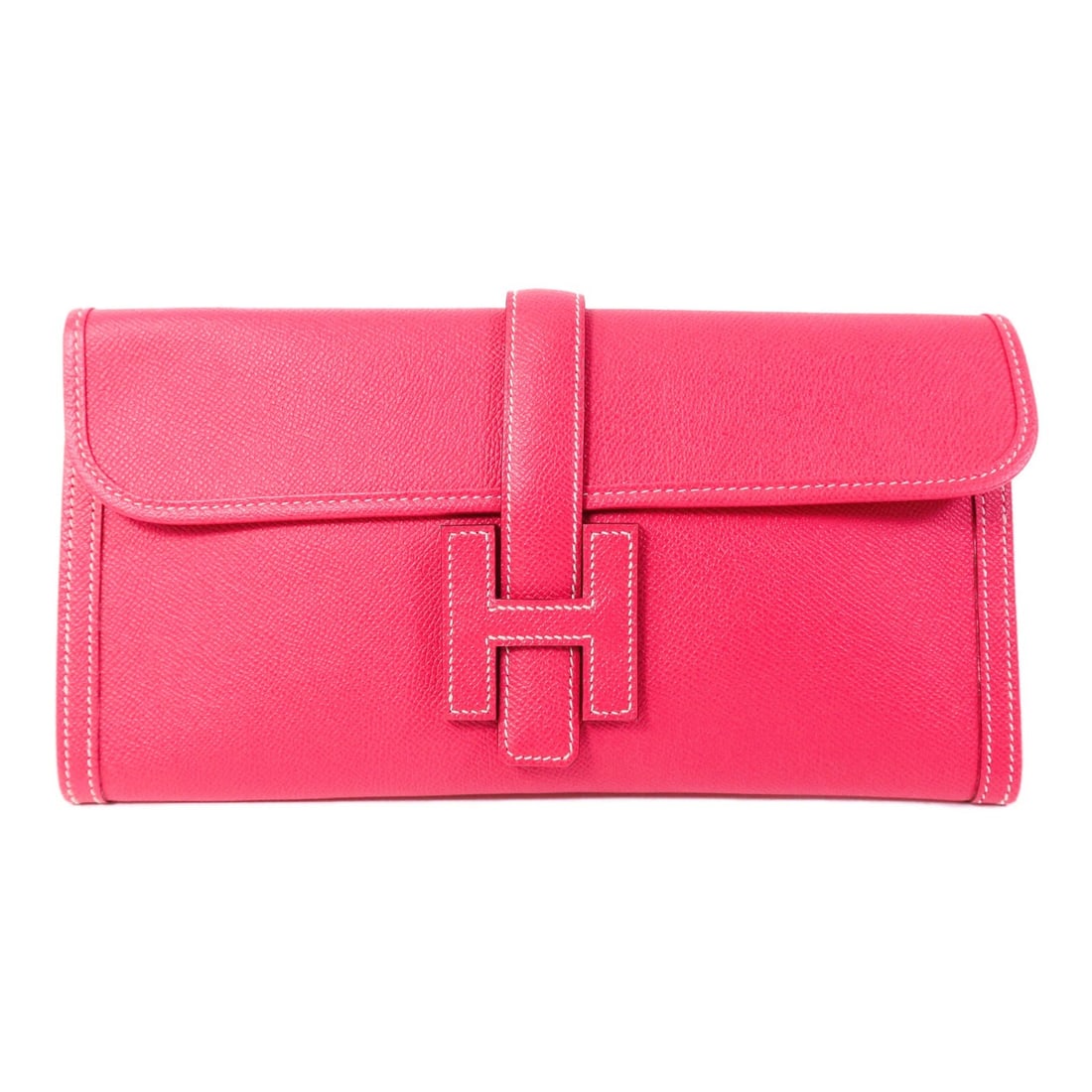Rose Tyrien Epsom Leather Jije PM Clutch by Hermes: Rose Tyrien Epsom Leather Jije PM Clutch by Hermes Hermes Jije PM clutch bag crafted from Epsom calfskin leather in a vibrant rose pink shade. This women's clutch features a sleek and structured silho