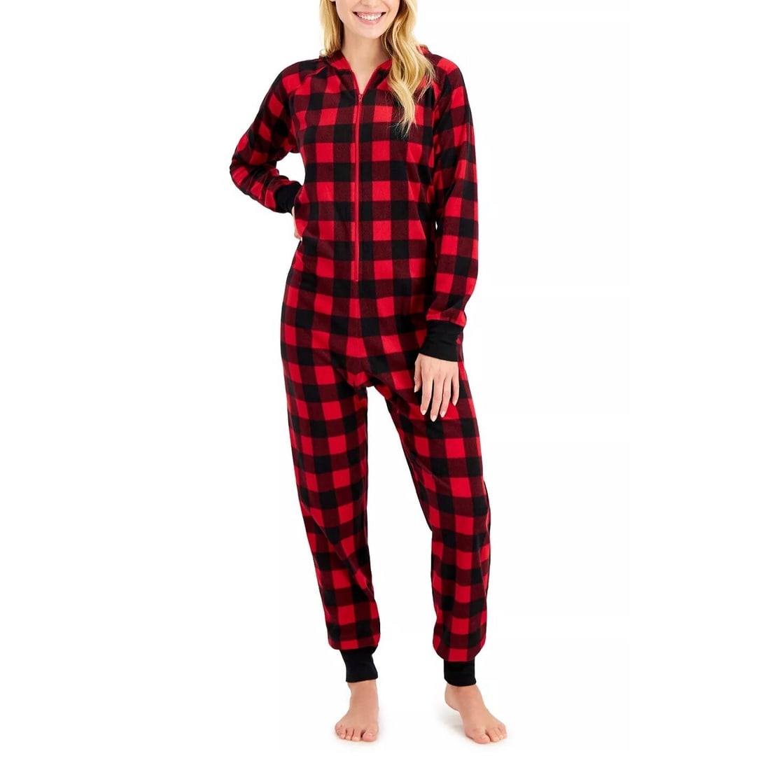 Family Pajamas Women's Red Check Fleece Hooded One-Piece PJs: Family Pajamas Women's Red Check Fleece Hooded One-Piece PJs Stay cozy and stylish this fall and winter with these red check printed one-piece hooded pajamas. Made from soft fleece fabric, these pajam