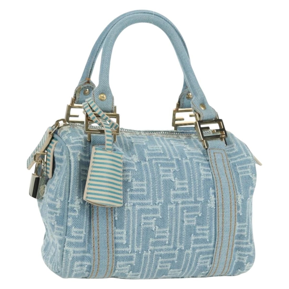 Fendi Mini Boston Bag Zucca Canvas Light Blue Gold with Dust Bag (1 of 18)
