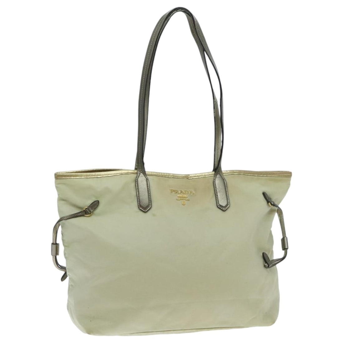 Prada Cream Nylon Tote Bag with Gold Accents for Women: Prada Cream Nylon Tote Bag with Gold Accents for Women This PRADA women's tote bag is crafted from cream and gold nylon and features a spacious interior with a classic tote design. The bag was made in