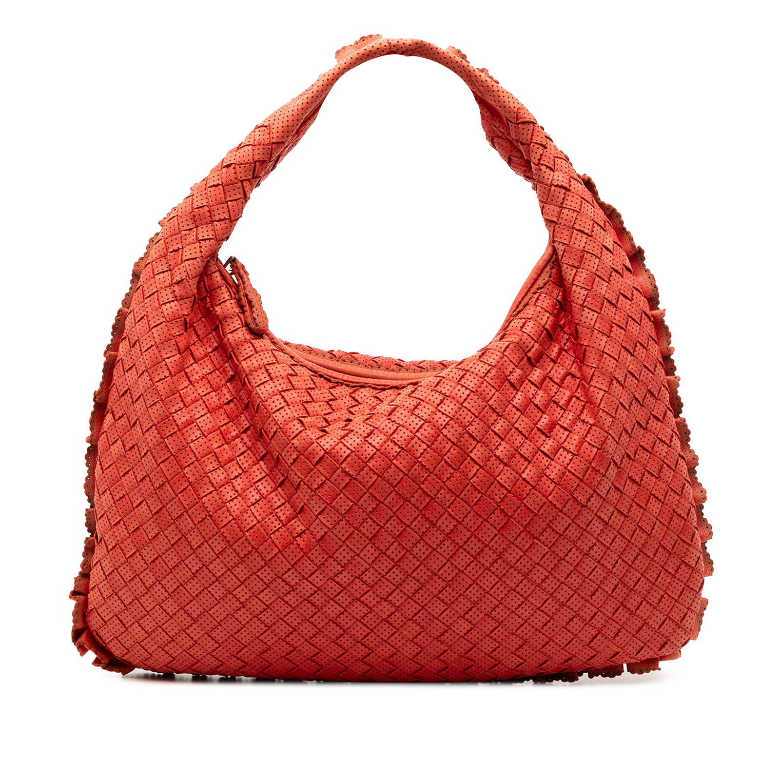 Bottega Veneta Small Red Perforated Nappa Leather Intrecciato Hobo Bag: Bottega Veneta Small Red Perforated Nappa Leather Intrecciato Hobo Bag This Bottega Veneta Small Perforated Nappa Intrecciato Veneta Hobo bag features a red perforated woven leather body with a rolled