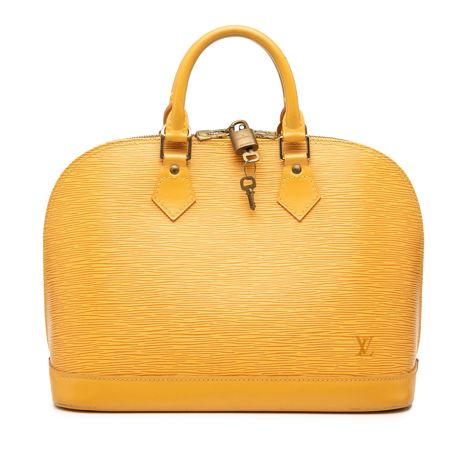Louis Vuitton Epi Alma PM Yellow Leather Handbag: Louis Vuitton Epi Alma PM Yellow Leather Handbag This Louis Vuitton Epi Alma PM bag is a stylish accessory crafted from durable epi leather in a vibrant yellow hue. It features rolled handles for comf