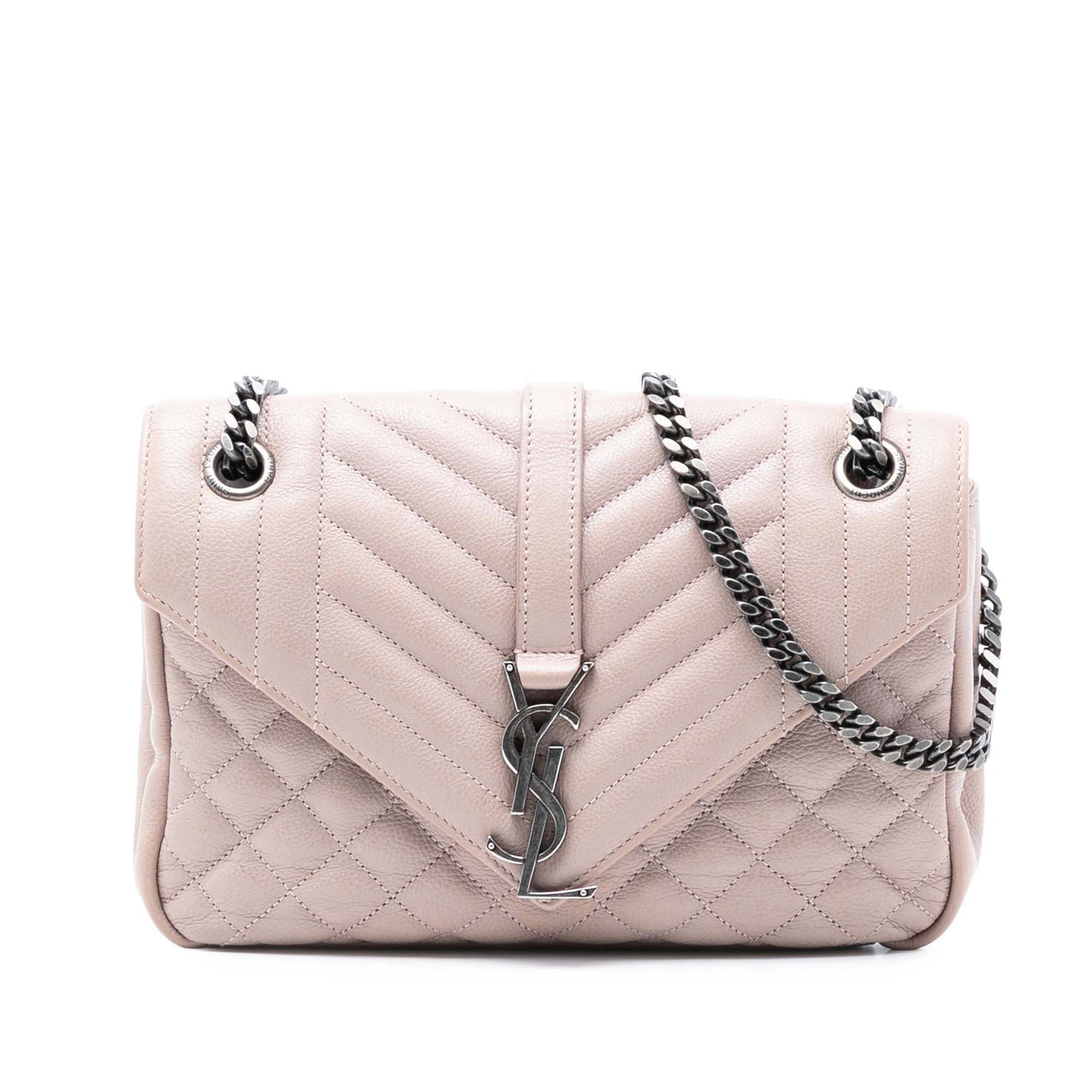 Saint Laurent College Bag Medium Triquilt Sheepskin Leather Shoulder Purse: Saint Laurent College Bag Medium Triquilt Sheepskin Leather Shoulder Purse This Saint Laurent Medium Sheepskin Triquilt Monogram College Bag features a quilted sheepskin leather body in pink, chain li