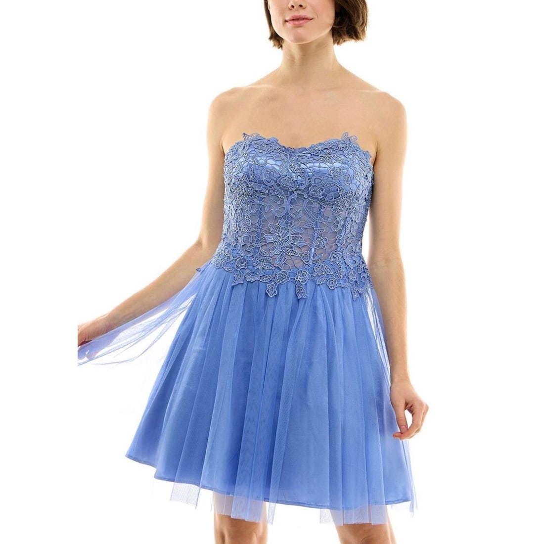 BCX Juniors Periwinkle Lace Fit & Flare Mini Dress Size 5: BCX Juniors Periwinkle Lace Fit & Flare Mini Dress Size 5 Elevate your wardrobe with this stunning BCX Juniors Womens Lace Mini Fit & Flare Dress in a charming periwinkle blue. This stylish dress feat