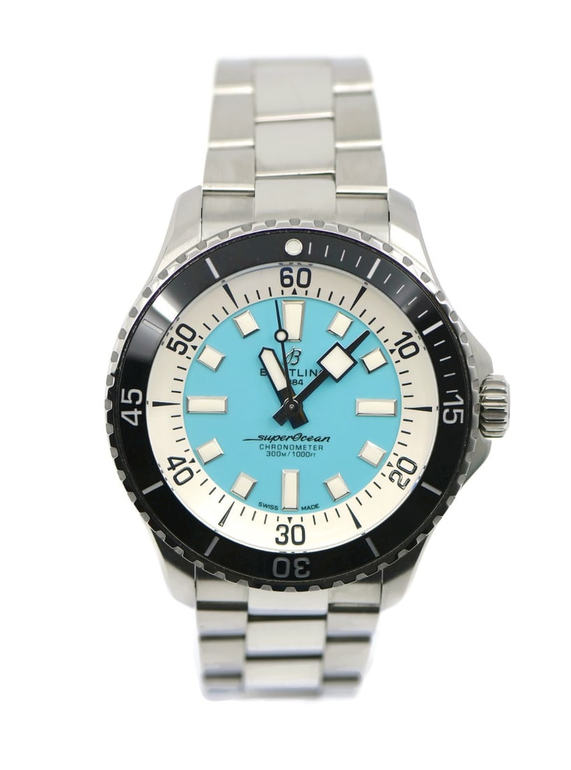 Superocean A17376 Automatic Blue Dial Men's Wristwatch With Box and Papers: Superocean A17376 Automatic Blue Dial Men's Wristwatch With Box and Papers This Breitling Superocean A17376 is a men's wristwatch featuring a stainless steel case and band with a blue analog dial. Pow