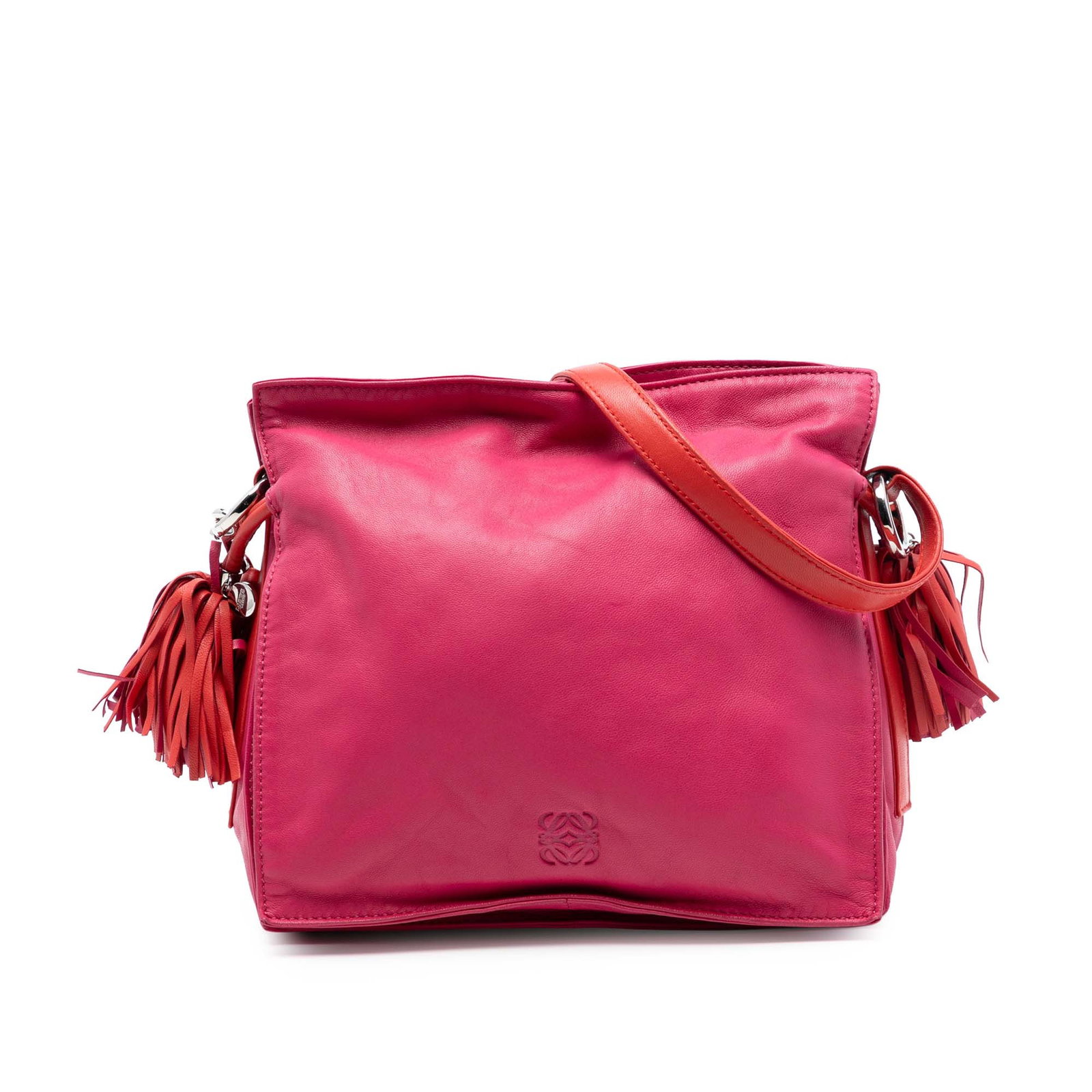 Loewe Flamenco Nappa Leather Pink Crossbody Bag with Tassel Detail: Loewe Flamenco Nappa Leather Pink Crossbody Bag with Tassel Detail This LOEWE Nappa Flamenco Tassel 22 Crossbody bag features a leather body in pink with distinctive side tassel details, an adjustable