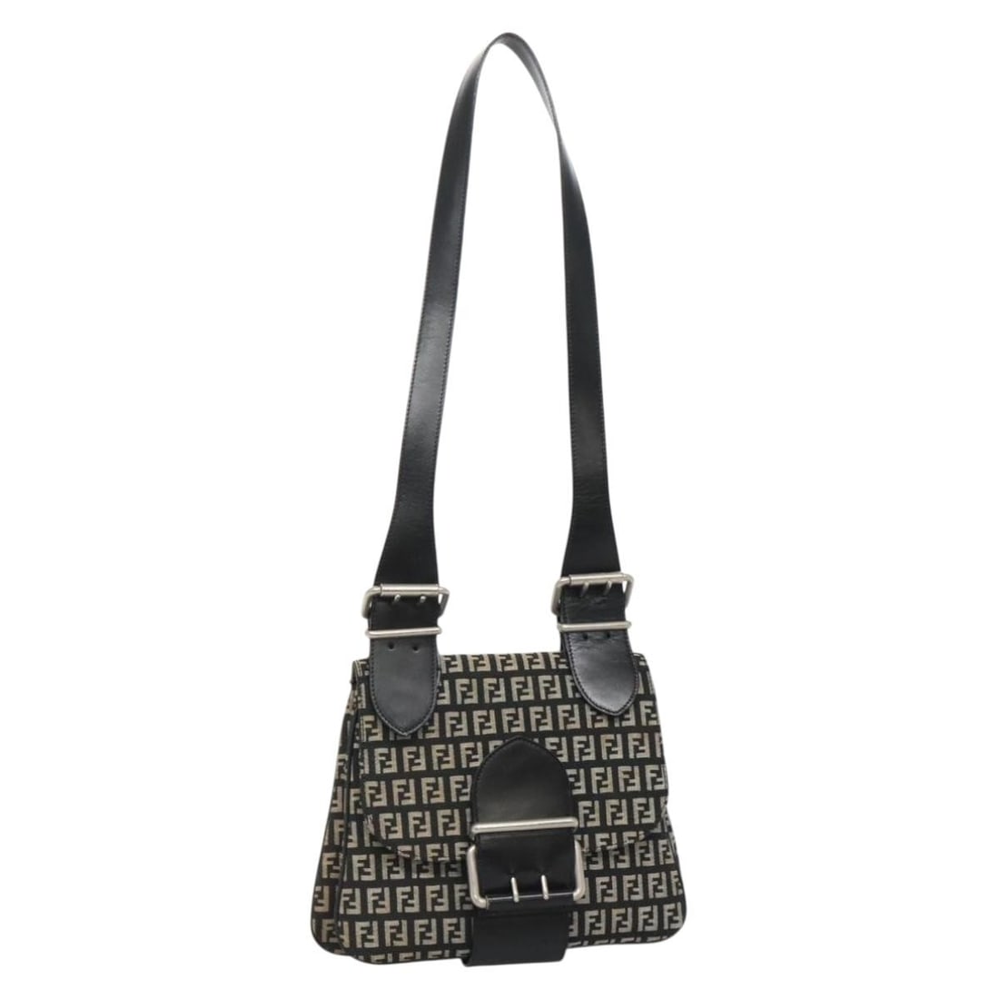 Fendi Zucchino Canvas Buckle Flap Black Shoulder Bag: Fendi Zucchino Canvas Buckle Flap Black Shoulder Bag This Fendi Buckle Flap Shoulder Bag features the iconic Zucchino canvas in black, designed for women. It showcases a classic flap closure with a bu