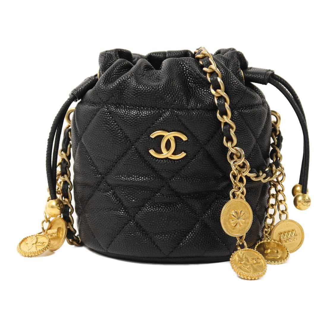 Chanel Mini Black Calfskin Bucket Shoulder Bag with Gold CC Chain: Chanel Mini Black Calfskin Bucket Shoulder Bag with Gold CC Chain This CHANEL CC Mini Bucket Chain Shoulder Bag features luxurious black calfskin leather and gold-tone hardware. Designed for women, it