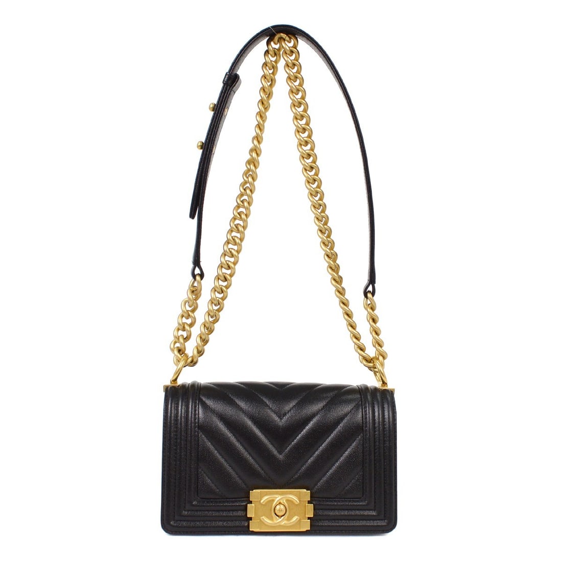 Black Chevron Leather Small Boy Flap Shoulder Bag by Chanel 20cm: Black Chevron Leather Small Boy Flap Shoulder Bag by Chanel 20cm This Chanel Boy Flap Bag in black chevron caviar leather is a pre-owned women's shoulder bag featuring a small chain strap. It measures