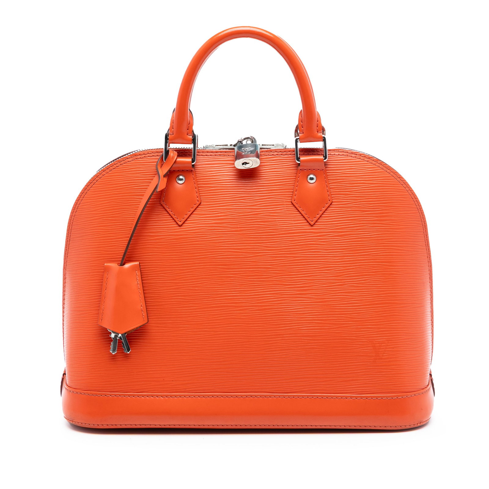 Epi Alma PM Orange Leather Handbag by Louis Vuitton: Epi Alma PM Orange Leather Handbag by Louis Vuitton This Louis Vuitton Epi Alma PM handbag features a durable epi leather exterior in orange, rolled handles, a top zip closure, and interior slip pocke