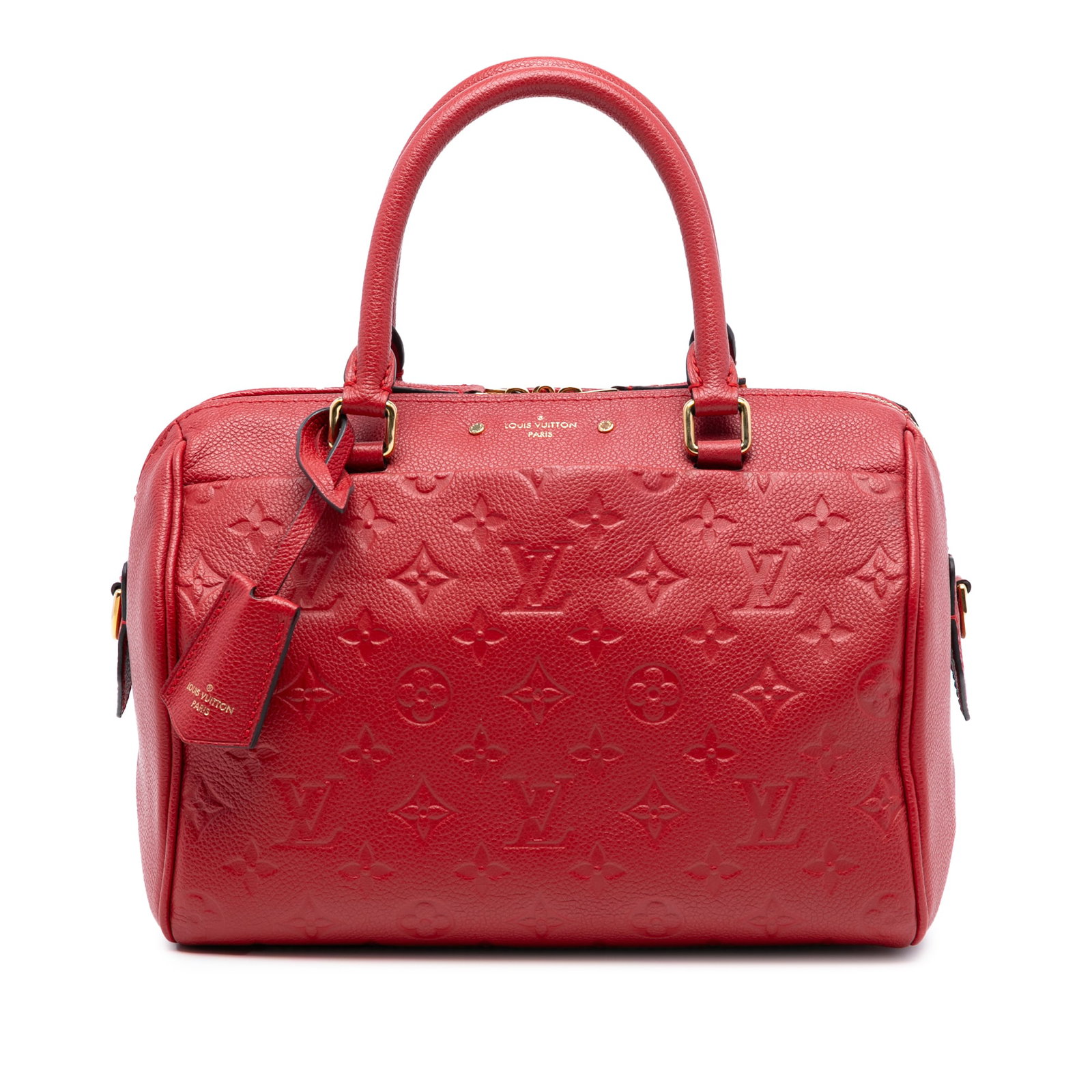 Louis Vuitton Speedy Bandouliere 25 Red Empreinte Leather Satchel Bag: Louis Vuitton Speedy Bandouliere 25 Red Empreinte Leather Satchel Bag This Louis Vuitton Monogram Empreinte Speedy Bandouliere 25 features a red empreinte leather body with rolled leather handles, a t