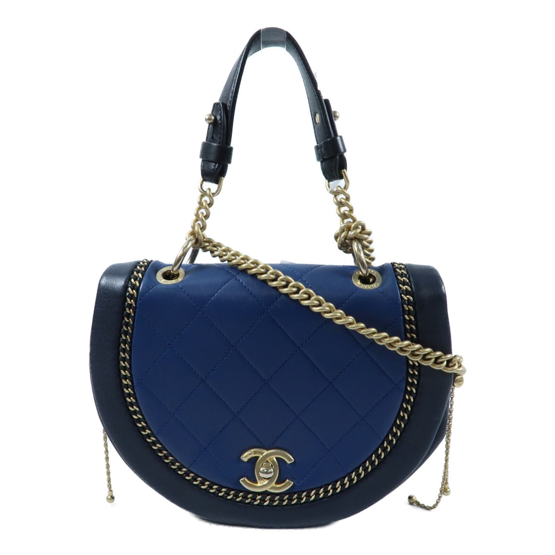 Blue Calfskin CHANEL 2 Way Shoulder Bag with Gold Hardware: Blue Calfskin CHANEL 2 Way Shoulder Bag with Gold Hardware This CHANEL 2-way chain shoulder bag is crafted from blue calfskin leather and features gold-tone hardware with the iconic CC logo. Designed 