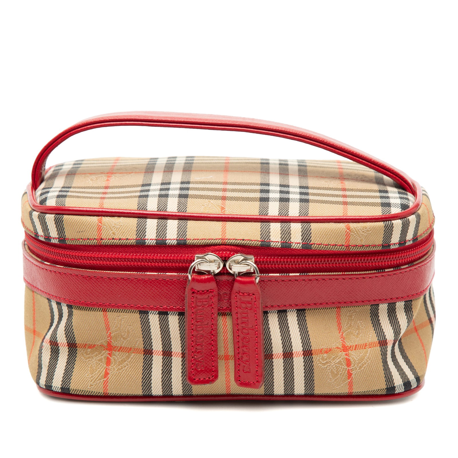 Burberry Haymarket Canvas Cosmetic Case with Leather Trim: Burberry Haymarket Canvas Cosmetic Case with Leather Trim The Burberry Haymarket Check Canvas Vanity Bag features a signature canvas body with leather trim, a flat leather top handle, and a zip-around