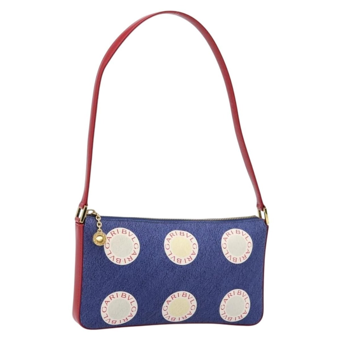BVLGARI Blue Nylon and Leather Women's Handbag with Gold Accents: BVLGARI Blue Nylon and Leather Women's Handbag with Gold Accents This women's BVLGARI handbag is crafted from blue and gold nylon with leather accents. Made in Italy, it features a compact design with