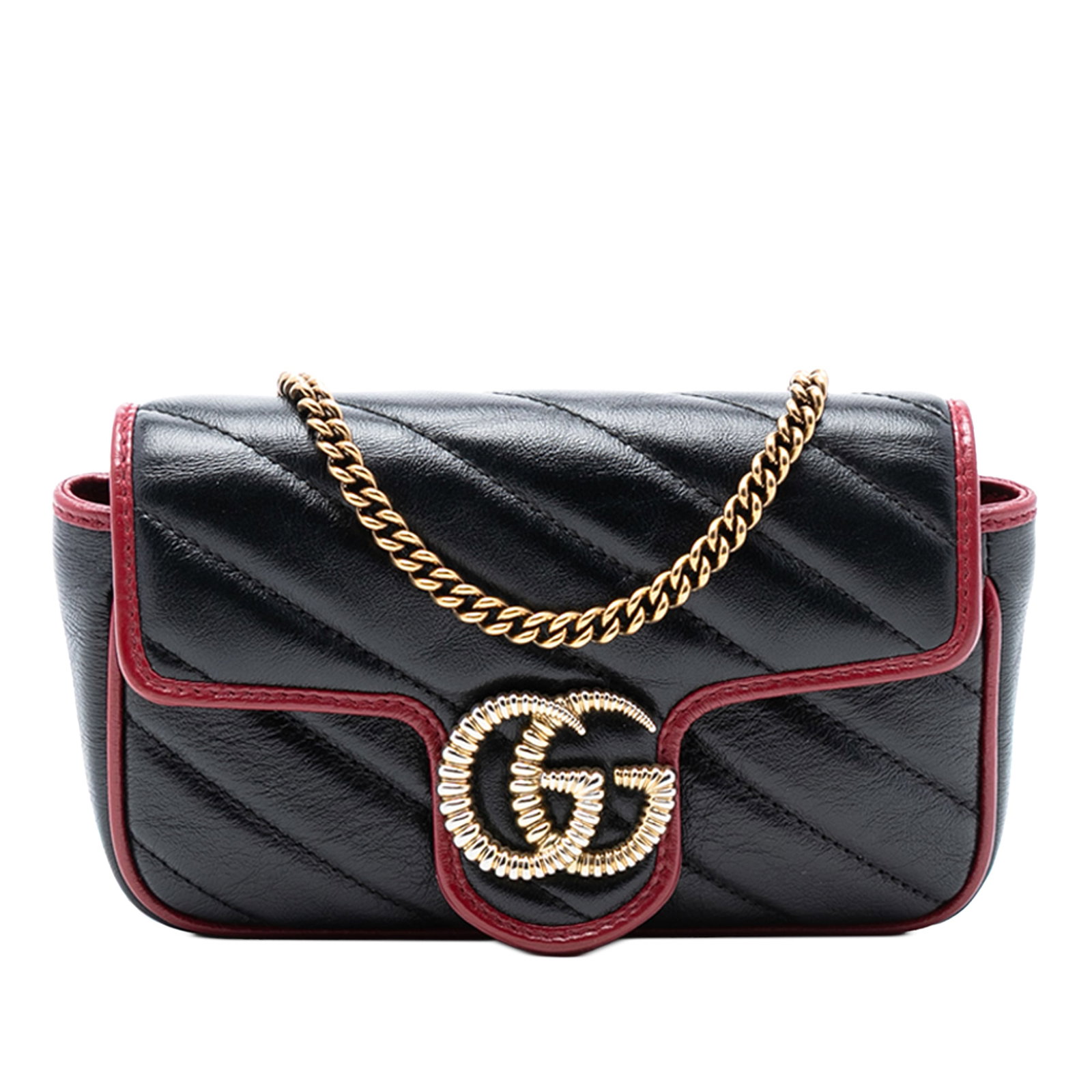 Gucci Super Mini GG Marmont Black Quilted Leather Crossbody Bag: Gucci Super Mini GG Marmont Black Quilted Leather Crossbody Bag This Gucci Super Mini GG Marmont Matelasse Leather Torchon Flap Crossbody bag features a quilted leather exterior in black, a chain link