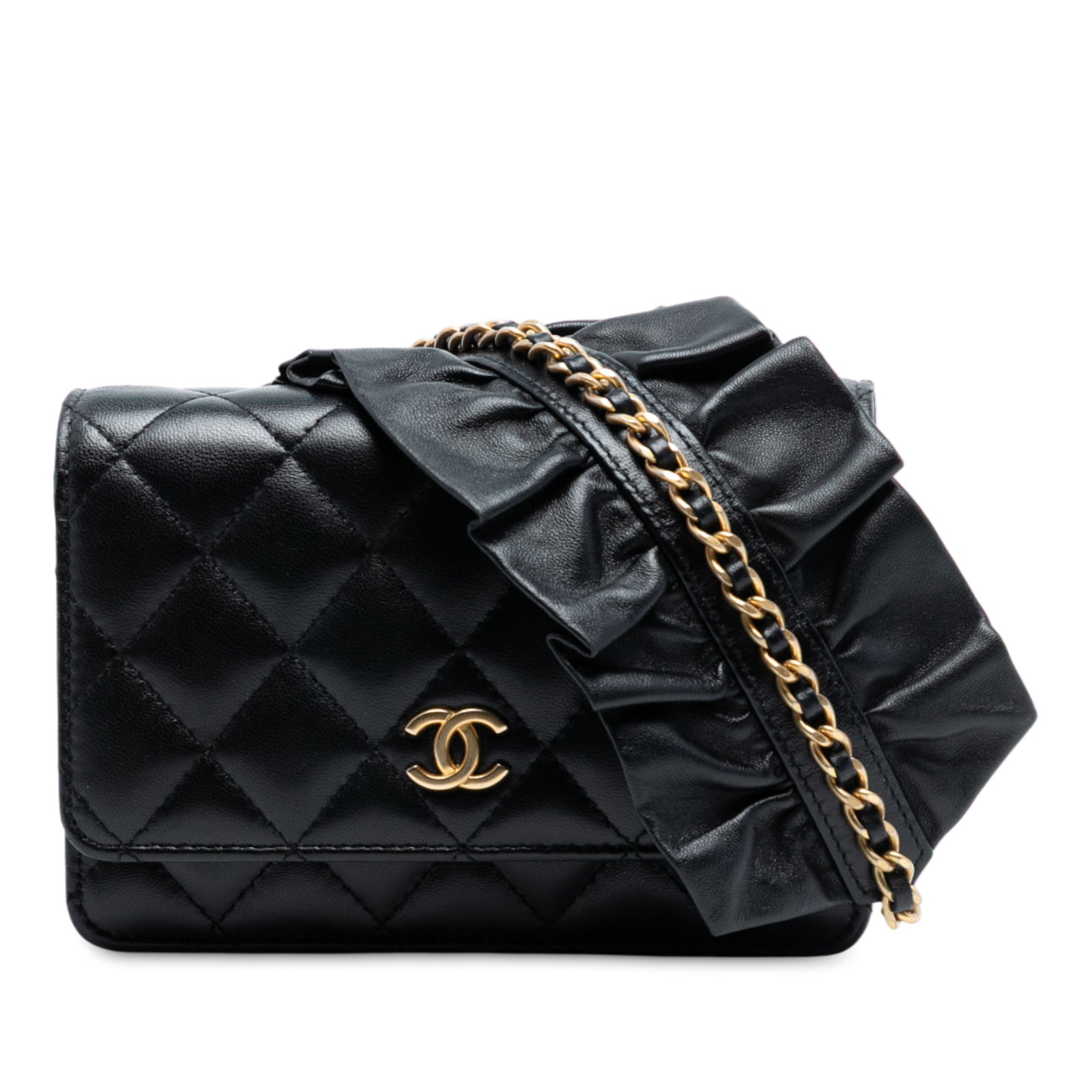 Chanel Romance Quilted Black Lambskin Wallet On Chain Bag: Chanel Romance Quilted Black Lambskin Wallet On Chain Bag This Chanel Lambskin Romance Wallet On Chain features a quilted lambskin leather body in black, complemented by a leather-woven chain strap wi
