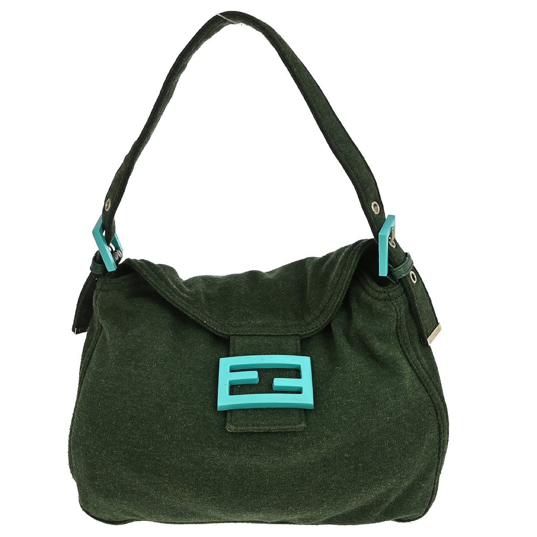 Fendi Vintage Zucchino Canvas and Leather Flap Bag for Women: Fendi Vintage Zucchino Canvas and Leather Flap Bag for Women This vintage Fendi flap shoulder bag features the iconic Zucchino canvas in green with leather accents. Designed for women, it combines cla