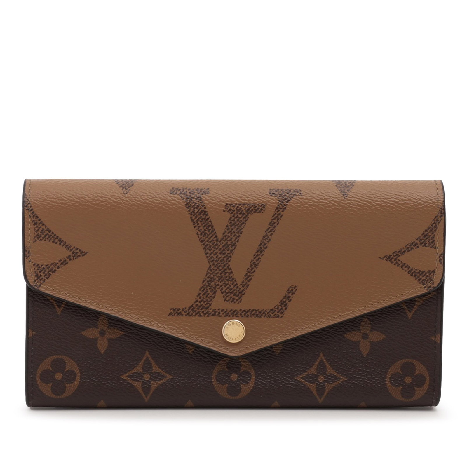 Louis Vuitton Monogram Sarah Reverse Long Wallet Brown Fabric: Louis Vuitton Monogram Sarah Reverse Long Wallet Brown Fabric This Louis Vuitton Monogram Sarah Reverse Long Wallet showcases a stylish monogram canvas body. It features a secure front flap with a sna