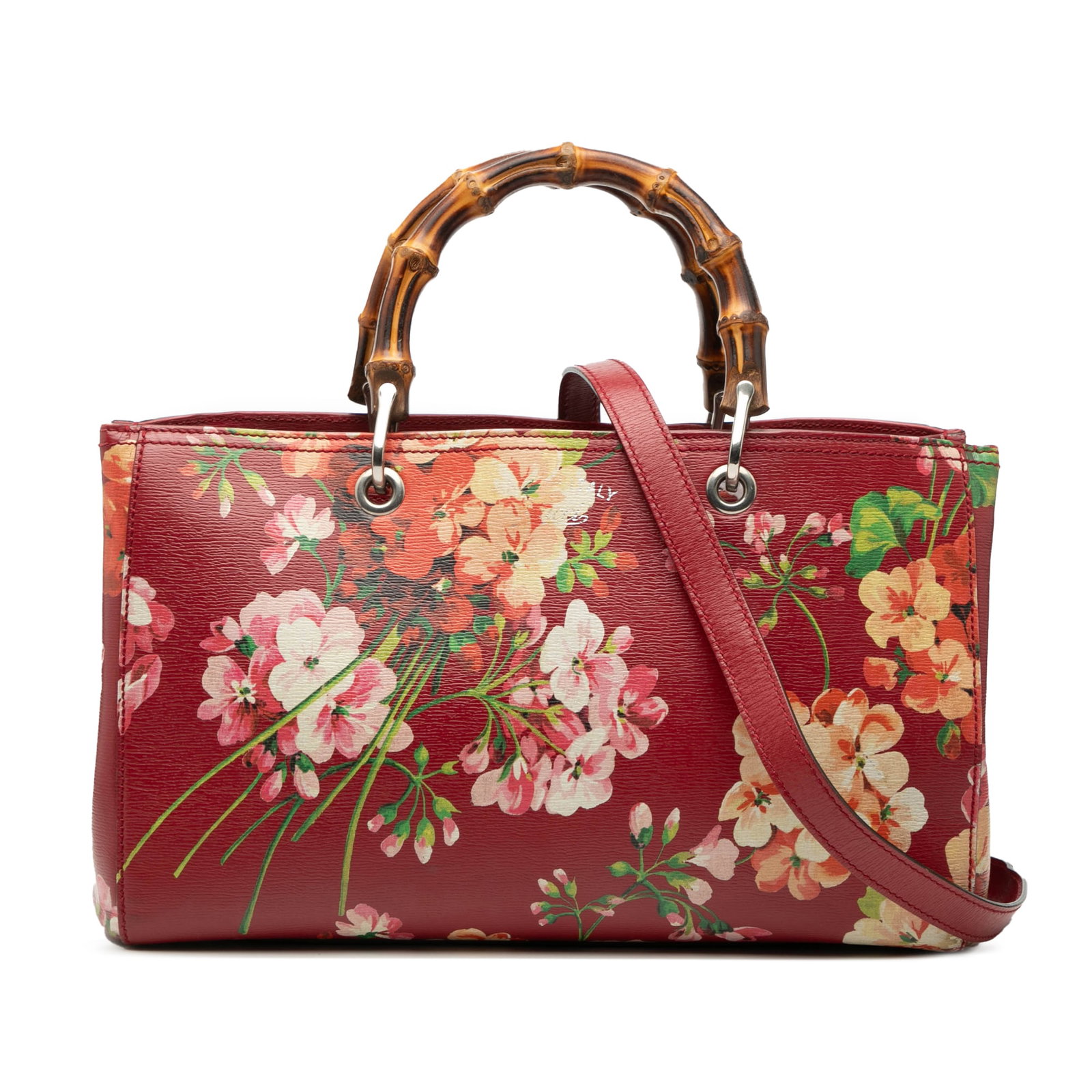Medium Blooms Bamboo Shopper Bag by Gucci in Red Leather: Medium Blooms Bamboo Shopper Bag by Gucci in Red Leather This Gucci Medium Calfskin Blooms Bamboo Shopper Satchel features a printed leather body with bamboo top handles, a detachable and adjustable f