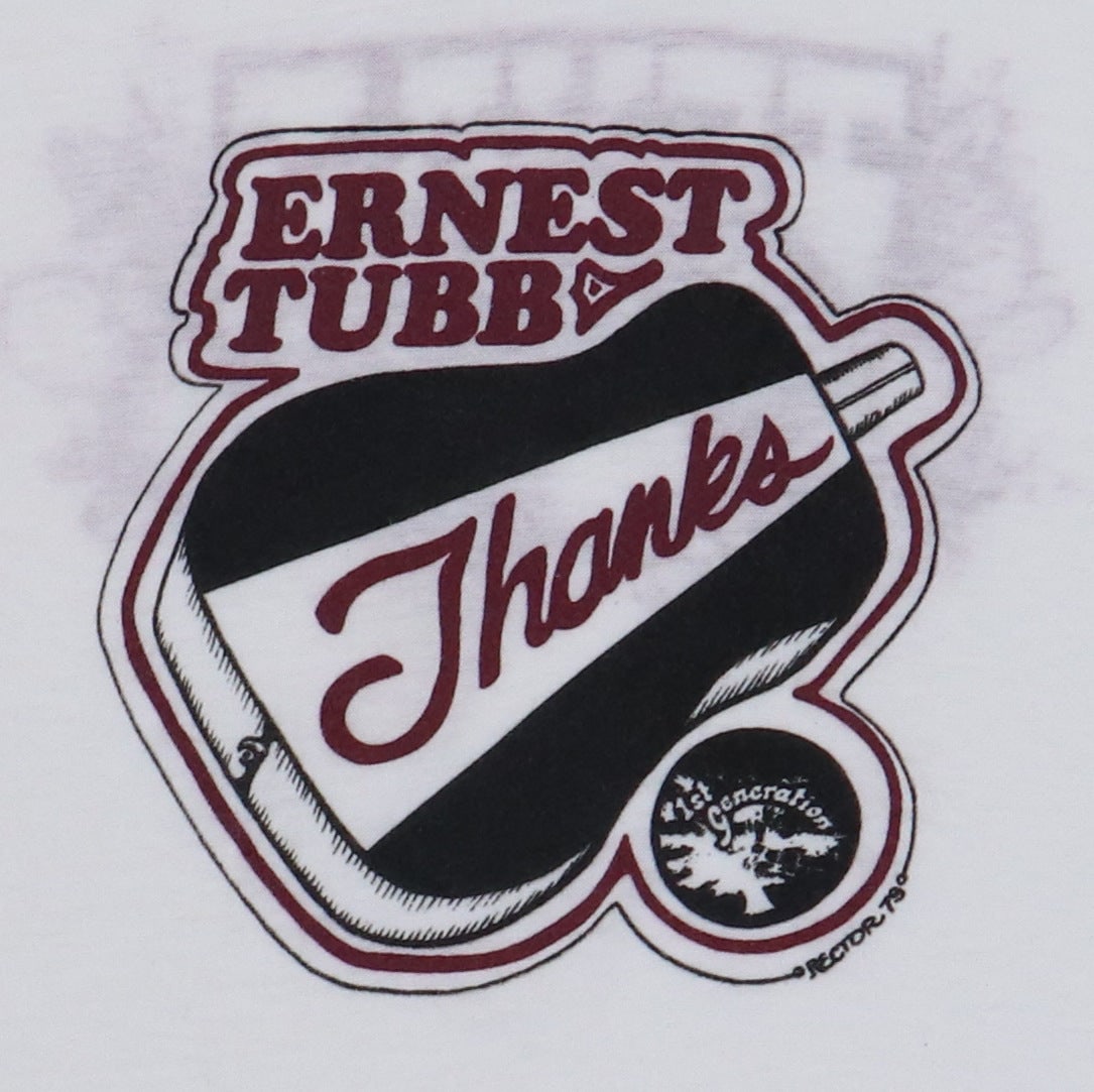 Vintage 1979 Ernest Tubb First Generation Poly Cotton White Shirt: Vintage 1979 Ernest Tubb First Generation Poly Cotton White Shirt This is an original vintage 1979 Ernest Tubb 1st Generation shirt featuring both front and back graphics. It is not a modern reproduct