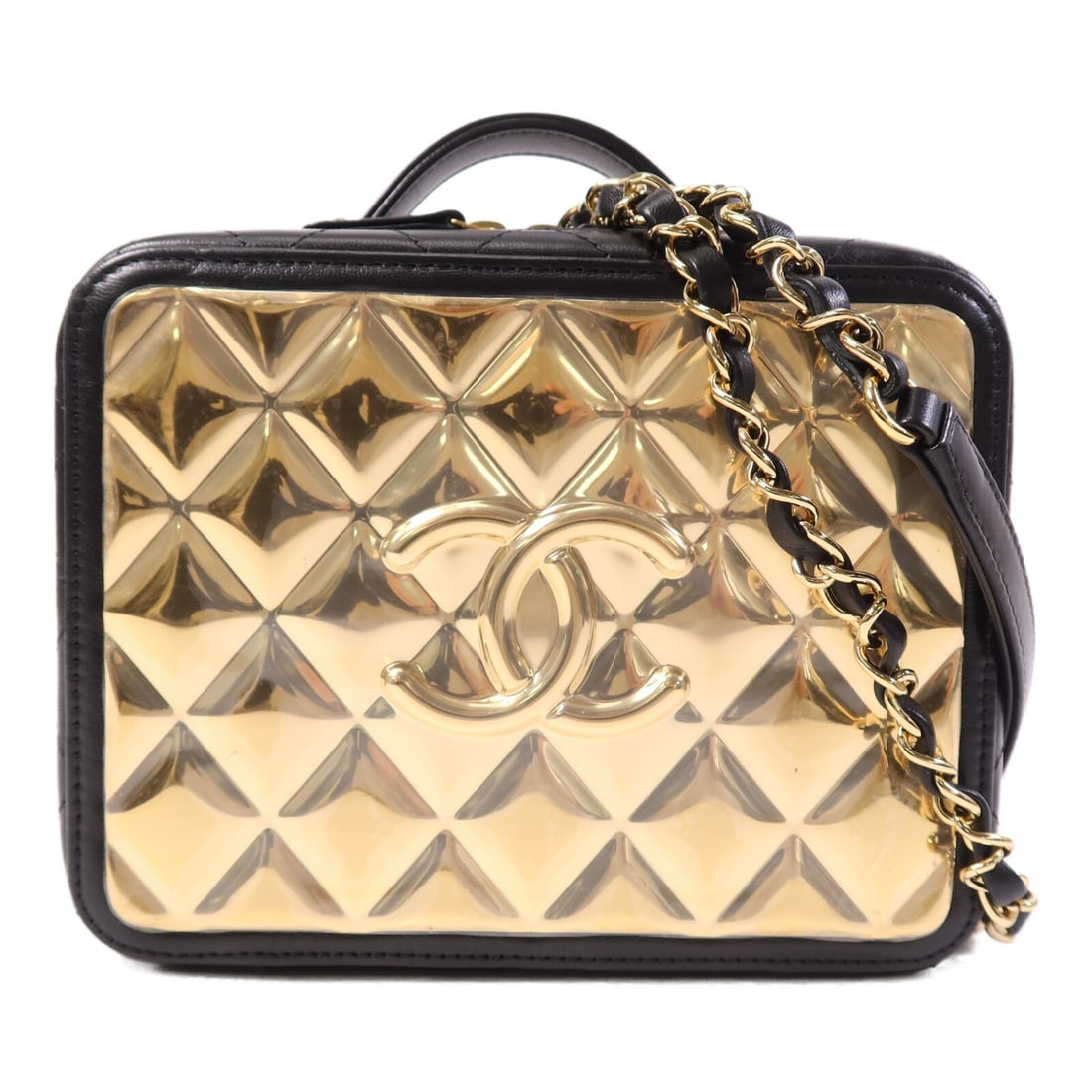 Black Lambskin Chanel AS2900 Vanity Case Shoulder Bag with Gold Accents: Black Lambskin Chanel AS2900 Vanity Case Shoulder Bag with Gold Accents This CHANEL CC Vanity Case Shoulder Bag is crafted from luxurious black lambskin leather and features a compact, regular-sized s