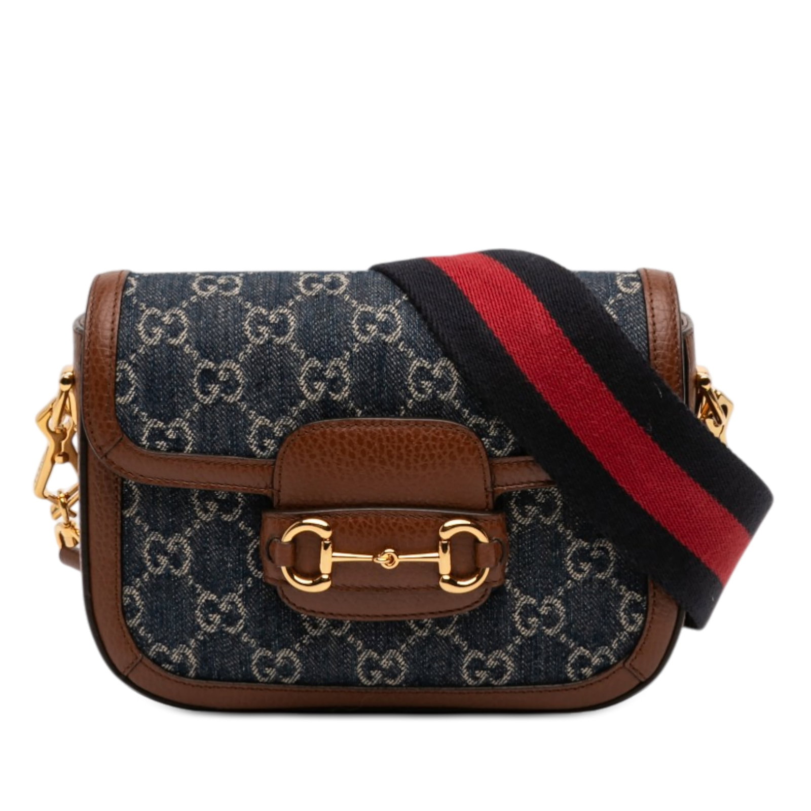 Gucci Horsebit 1955 Blue Denim Small Crossbody Bag with Web Detail: Gucci Horsebit 1955 Blue Denim Small Crossbody Bag with Web Detail This crossbody bag features a denim body with leather trim, an adjustable and detachable flat shoulder strap, and a front flap with a