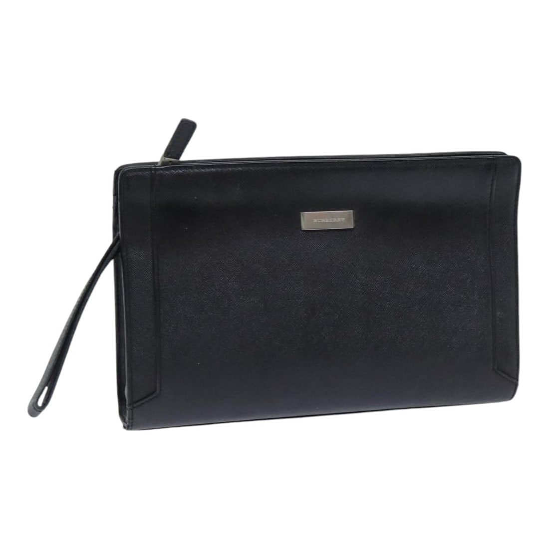 Burberry Black Leather Clutch Purse with Silver Accents: Burberry Black Leather Clutch Purse with Silver Accents This Burberry clutch bag is crafted from black leather with silver accents. Designed for women, it features a compact silhouette ideal for carry