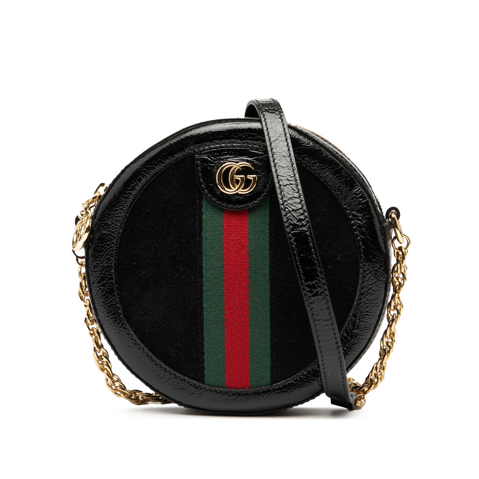 Gucci Mini Suede Ophidia Black Round Crossbody Bag: Gucci Mini Suede Ophidia Black Round Crossbody Bag Elevate your accessory collection with the Gucci Mini Suede Ophidia Round Crossbody Bag. This stylish bag features a luxurious suede body complemente