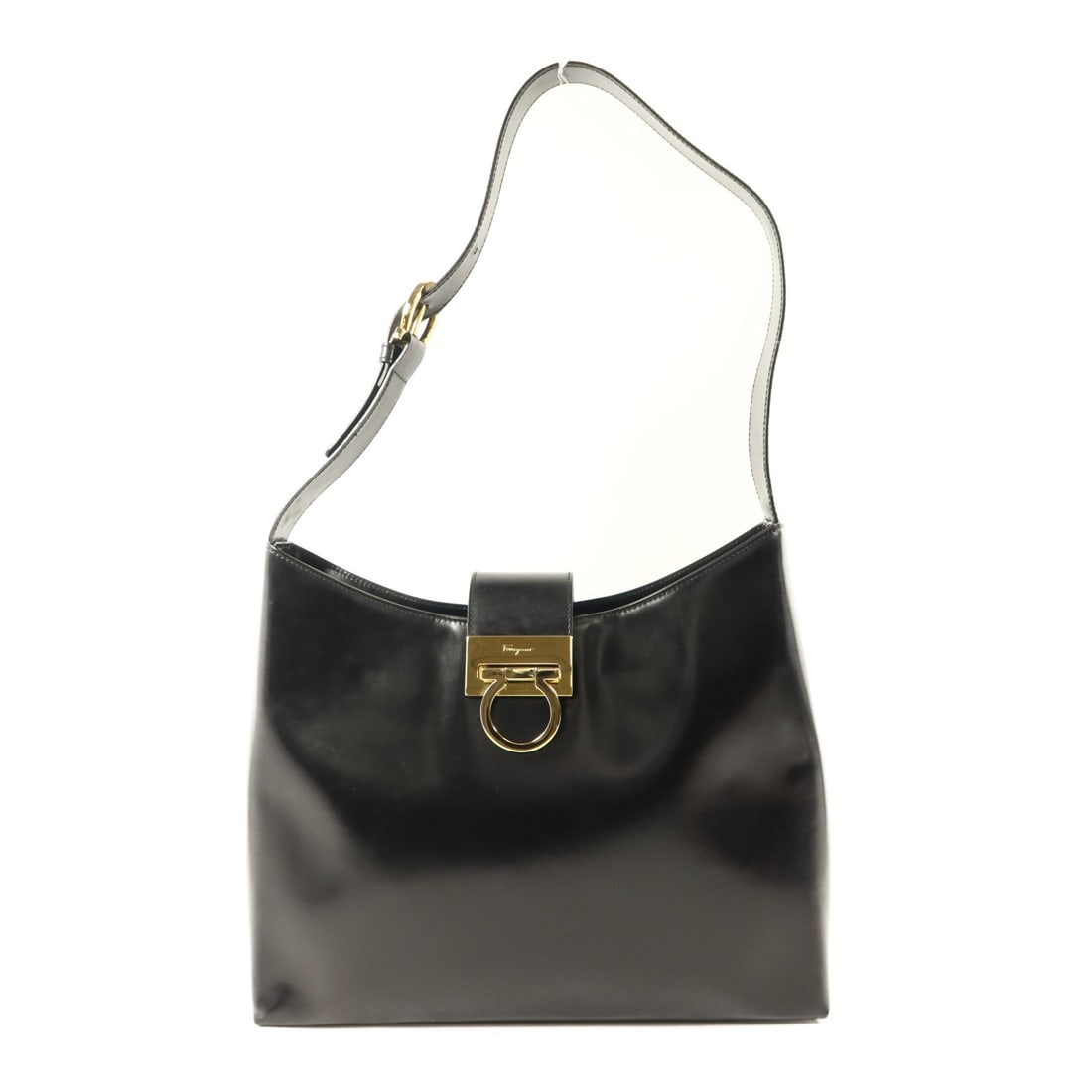 Salvatore Ferragamo Black Calfskin Shoulder Bag with Gold Hardware Vintage AQ-21 8662: Salvatore Ferragamo Black Calfskin Shoulder Bag with Gold Hardware Vintage AQ-21 8662 This vintage Salvatore Ferragamo shoulder bag is crafted from black calfskin leather and features gold-tone hardwa