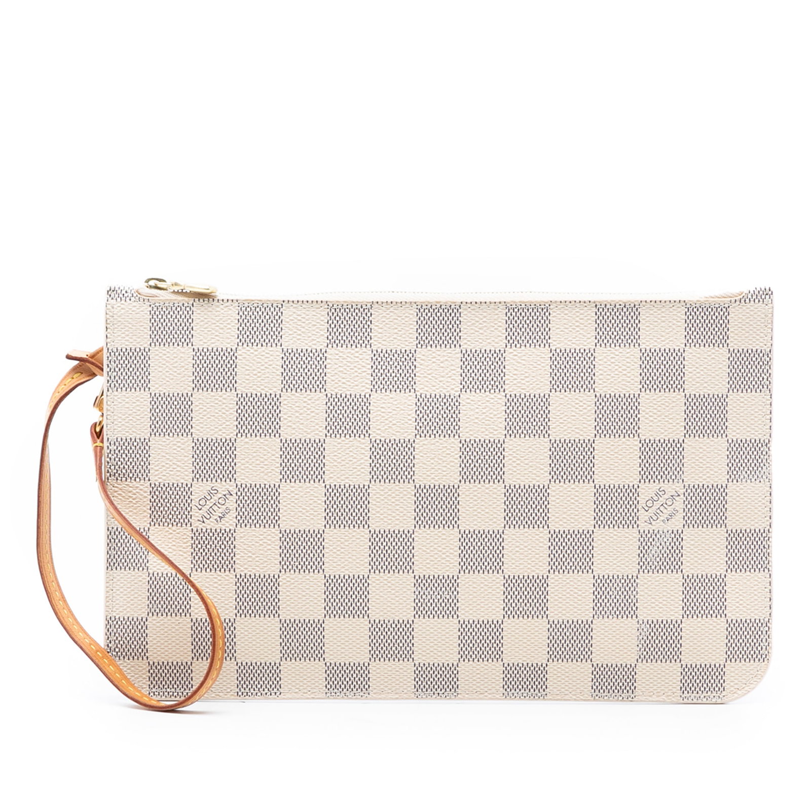 Neverfull MM Wristlet in Damier Azur Canvas by Louis Vuitton: Neverfull MM Wristlet in Damier Azur Canvas by Louis Vuitton This Louis Vuitton Damier Azur Neverfull MM pouch features a white Damier Azur canvas body, complemented by a flat vachetta leather wrist s