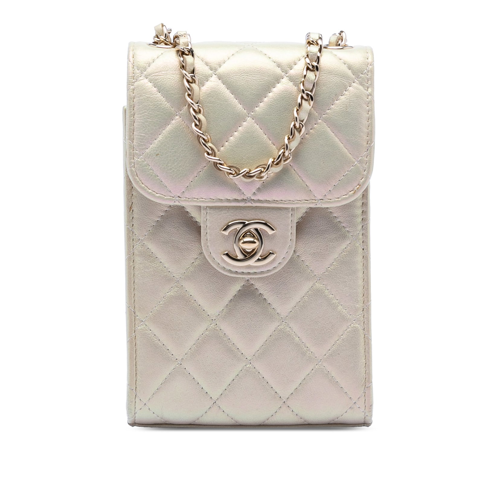 Chanel Iridescent Quilted Lambskin Crossbody Phone Bag with Chain Strap: Chanel Iridescent Quilted Lambskin Crossbody Phone Bag with Chain Strap This Chanel CC Quilted Iridescent Lambskin Phone Holder with Chain features a white iridescent lambskin leather body with a quil