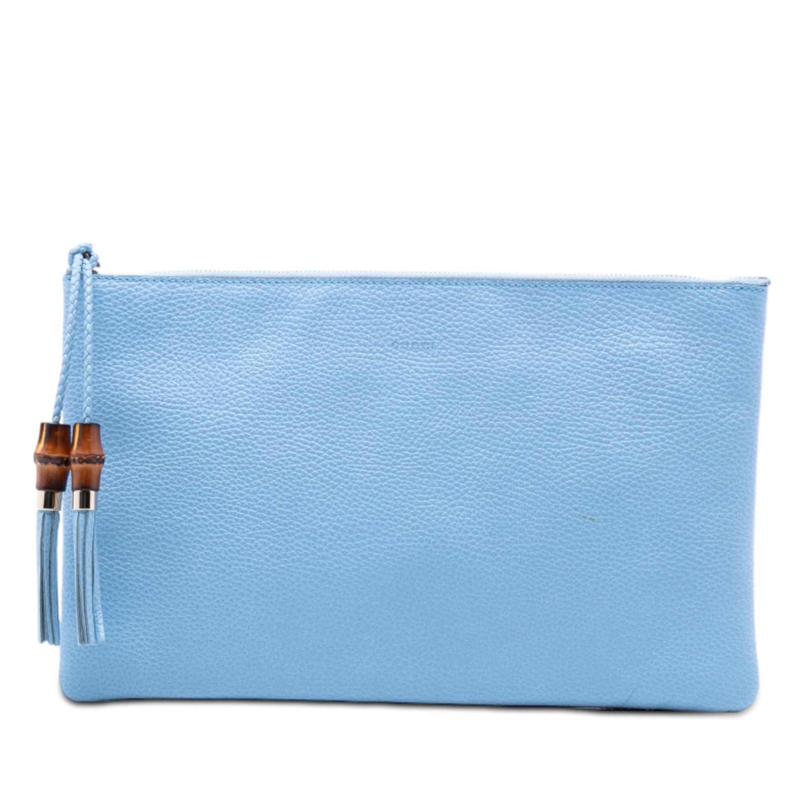 Gucci Blue Leather Clutch With Bamboo Tassel Accent: Gucci Blue Leather Clutch With Bamboo Tassel Accent This Gucci clutch features a supple leather body in blue, accented with distinctive bamboo tassel pulls on the top zip closure. The interior include