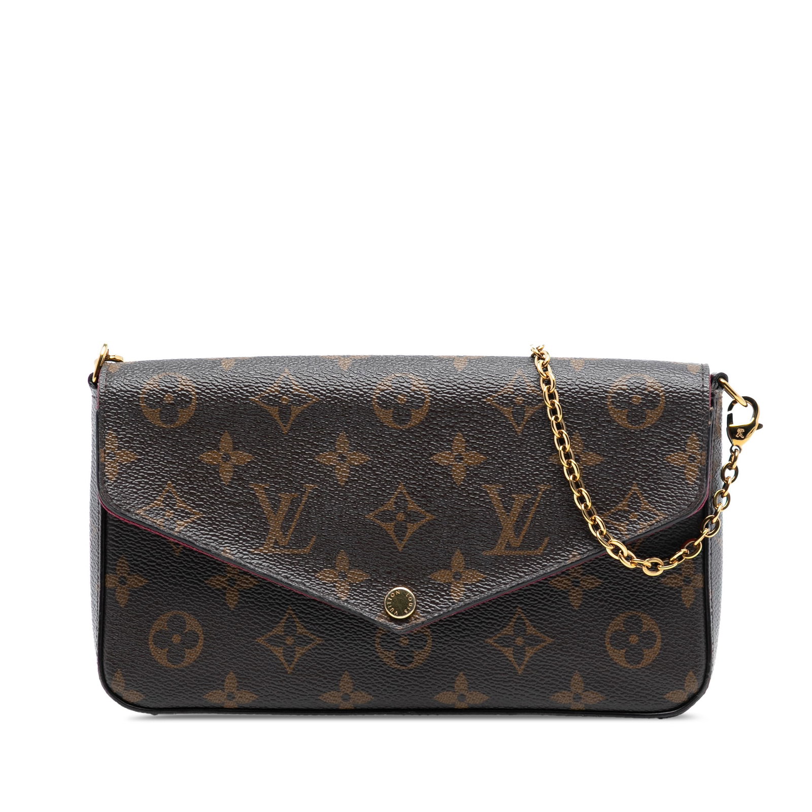 Louis Vuitton Pochette Felicie Monogram Canvas Crossbody Bag with Chain Strap: Louis Vuitton Pochette Felicie Monogram Canvas Crossbody Bag with Chain Strap The Louis Vuitton Monogram Pochette Felicie is a crossbody bag crafted from signature monogram canvas in brown. It feature