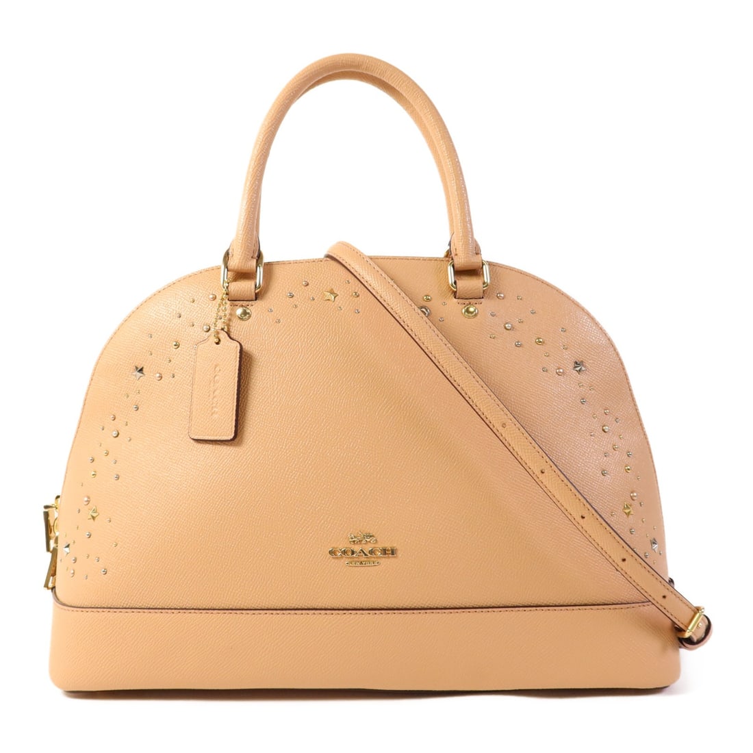 COACH 2 Way Shoulder Bag Beige Calfskin Leather GHW: COACH 2 Way Shoulder Bag Beige Calfskin Leather GHW Introducing the COACH 2 Way Shoulder Bag, meticulously crafted from premium calfskin leather in a sophisticated beige hue. This versatile bag featur
