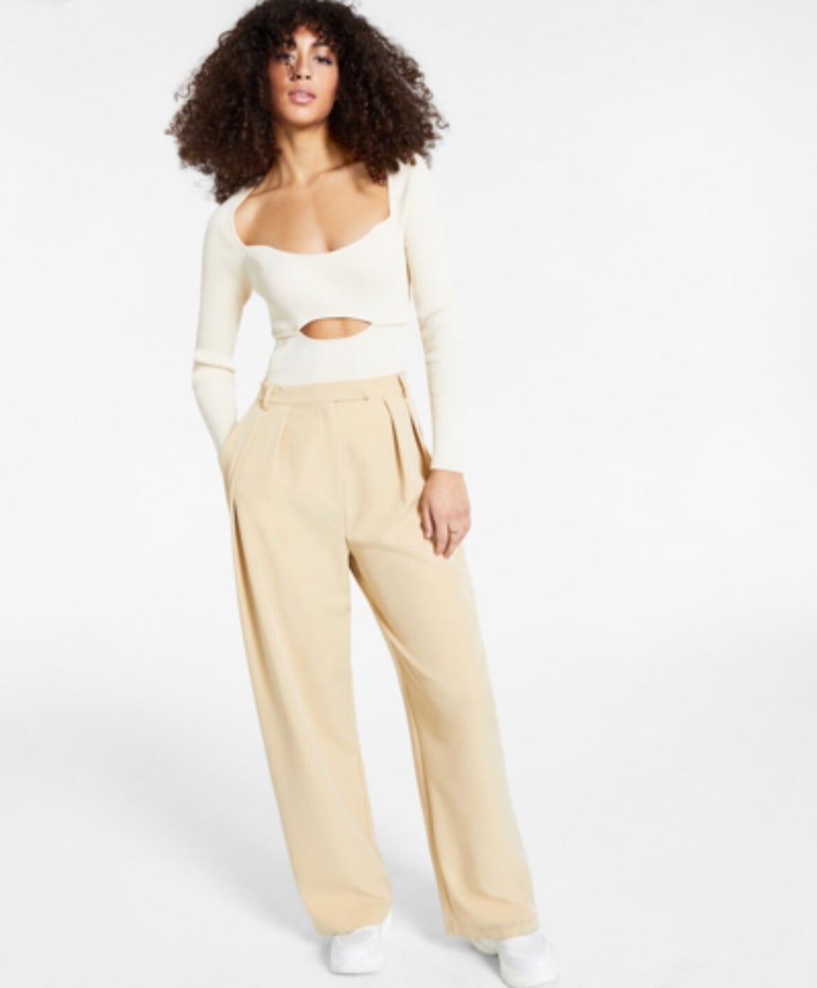 LEYDEN Cream Ribbed Cutout Bodysuit with Tie Back XL (1 of 3)