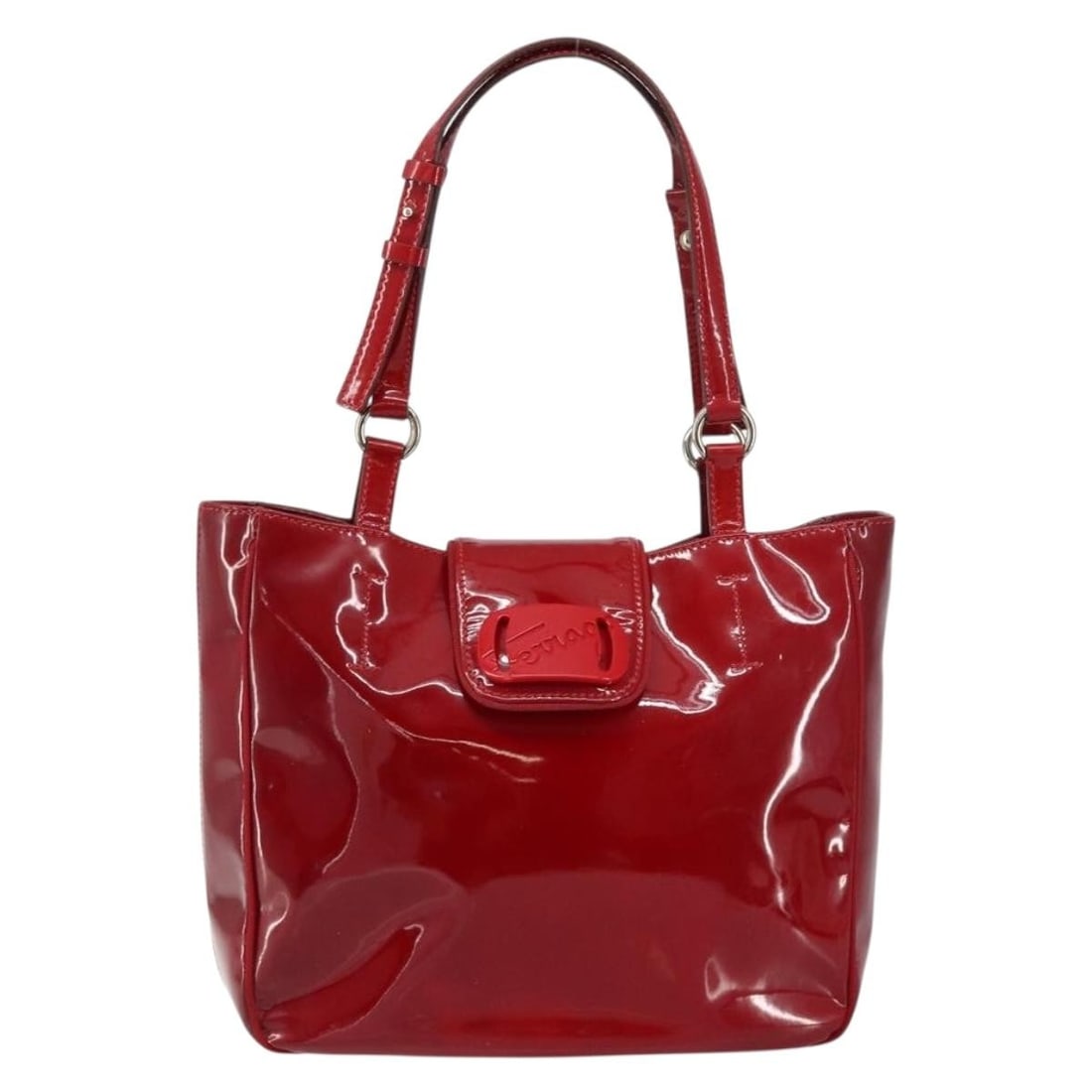 Red Salvatore Ferragamo Patent Leather Vintage Tote for Women: Red Salvatore Ferragamo Patent Leather Vintage Tote for Women This vintage Salvatore Ferragamo tote bag for women features a red patent leather exterior. It has a compact design with dimensions of 26c