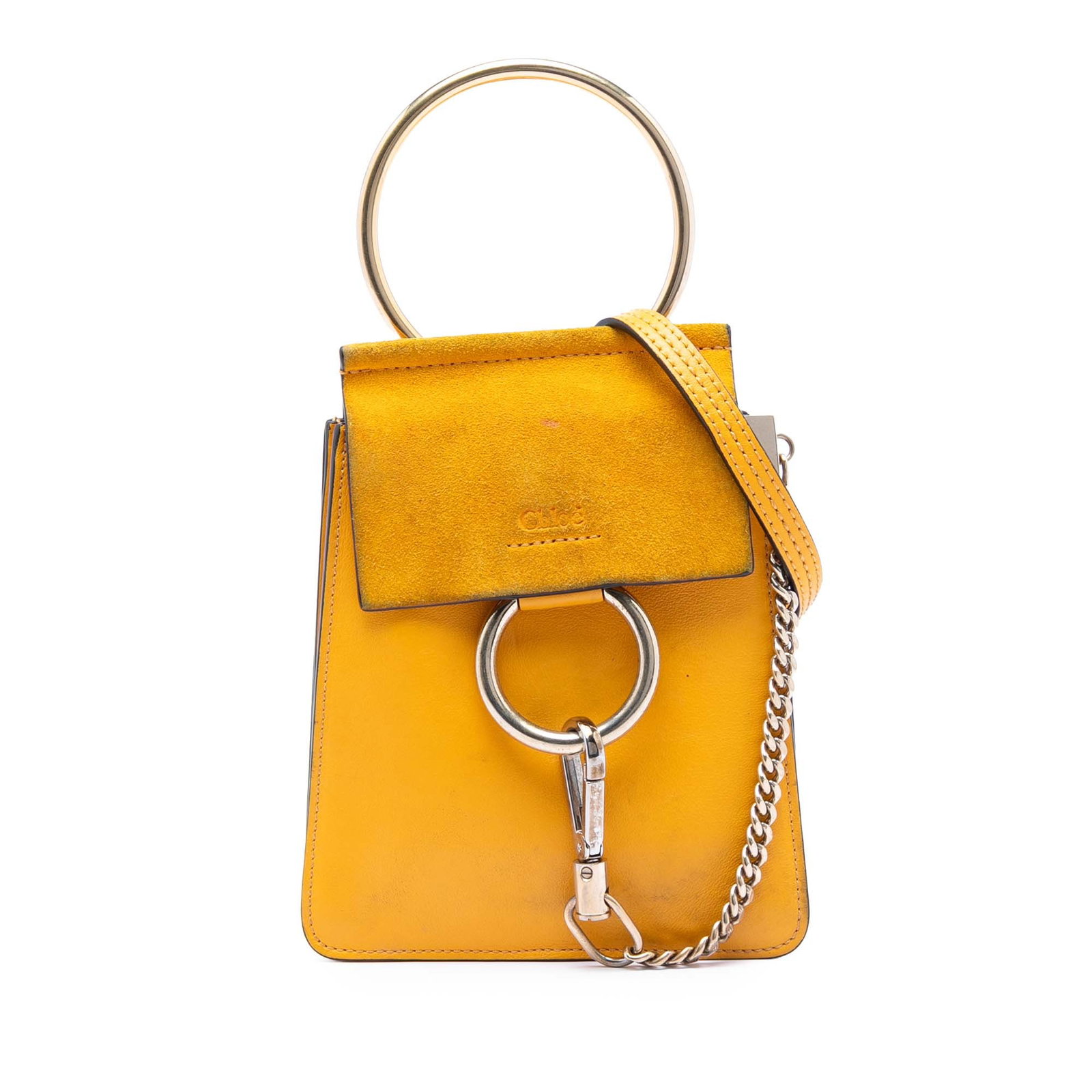 Yellow Faye Mini Bracelet Bag in Calfskin and Suede by Chloe: Yellow Faye Mini Bracelet Bag in Calfskin and Suede by Chloe This Chloe Mini Calfskin and Suede Faye Bracelet Bag features a yellow leather body with a front suede flap and a magnetic snap button clos