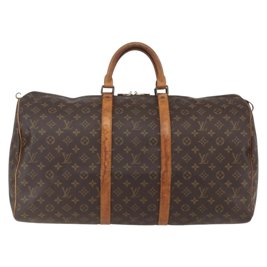 Louis Vuitton Keepall Monogram Brown Canvas Travel Bag 55cm: Louis Vuitton Keepall Monogram Brown Canvas Travel Bag 55cm This Louis Vuitton Keepall bag features the iconic monogram canvas in brown, designed for unisex use. The bag shows signs of wear, including