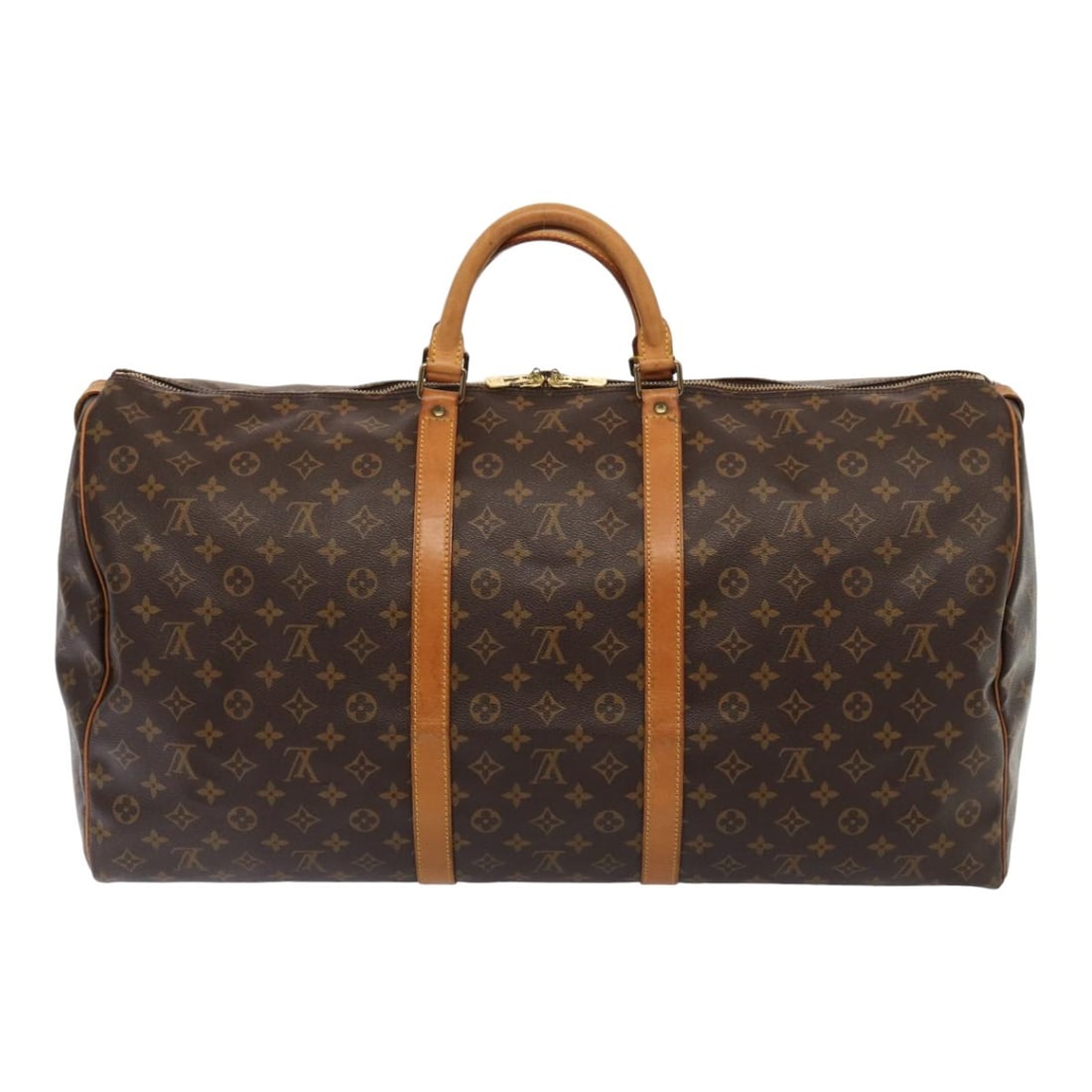 Louis Vuitton Keepall Monogram Canvas Travel Bag 60cm: Louis Vuitton Keepall Monogram Canvas Travel Bag 60cm This Louis Vuitton Keepall Bag features the iconic monogram canvas in brown. Designed for unisex use, the bag shows signs of wear including surfac