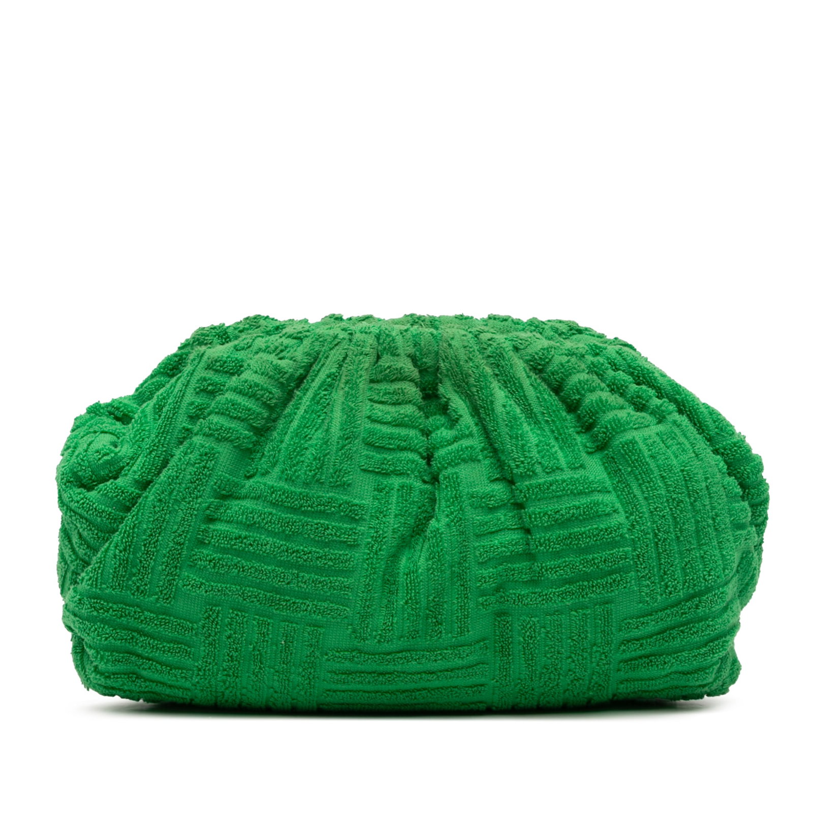 Green Terry Cloth Pouch Bag by Bottega Veneta: Green Terry Cloth Pouch Bag by Bottega Veneta This Bottega Veneta The Pouch features a green terry cloth body and secures with a top magnetic snap closure. It is crafted in Italy and offers a relaxed,