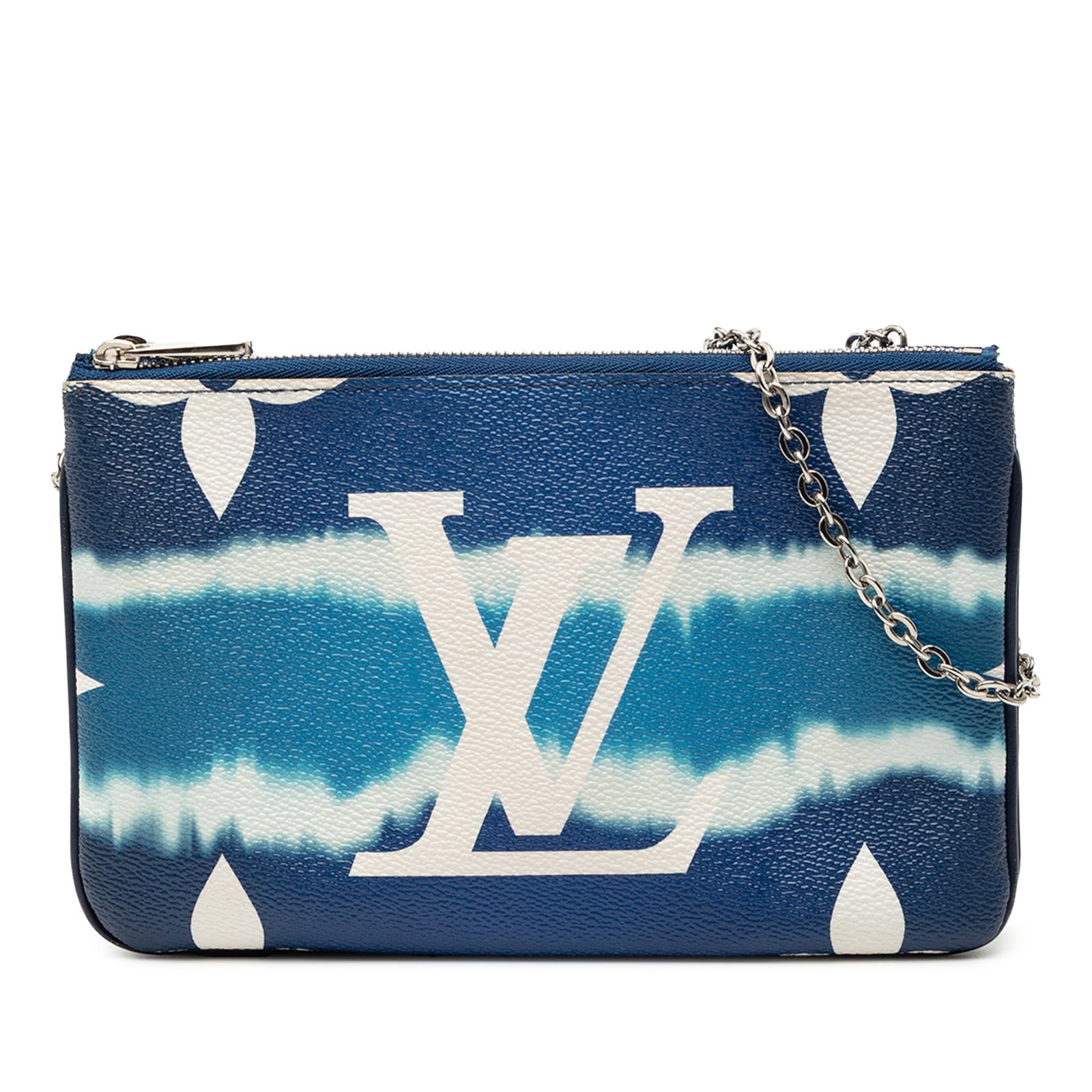 Louis Vuitton Monogram Escale Double Zip Blue Canvas Pochette Bag: Louis Vuitton Monogram Escale Double Zip Blue Canvas Pochette Bag This Louis Vuitton Monogram Escale Double Zip Pochette features a monogram canvas body in blue, complemented by a silver-tone chain st