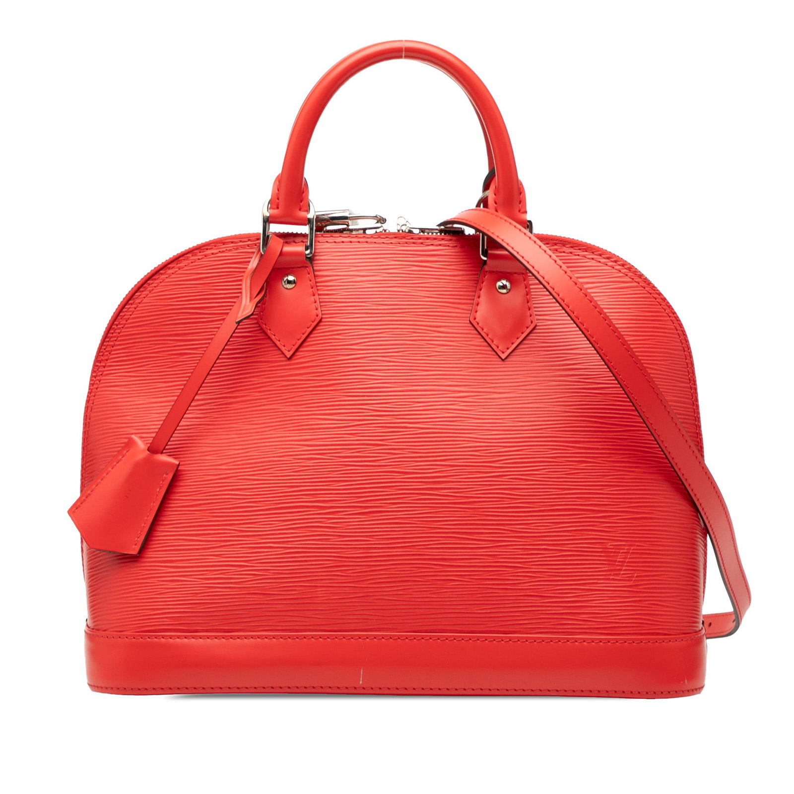 Red Epi Leather Alma PM Satchel by Louis Vuitton with Strap: Red Epi Leather Alma PM Satchel by Louis Vuitton with Strap The Louis Vuitton Epi Alma PM is crafted from signature epi leather in a striking red color. This handbag features rolled handles, a detacha