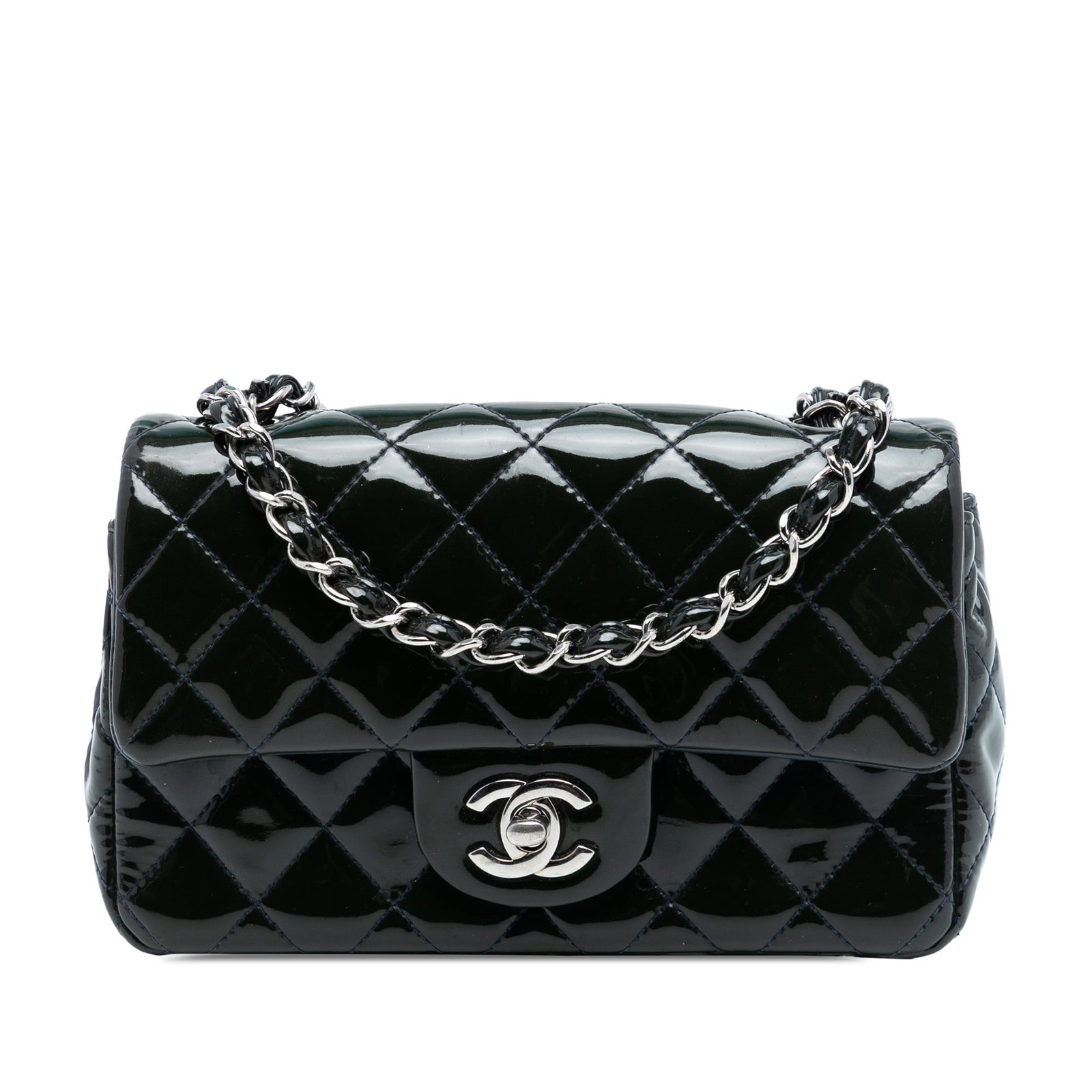 Chanel Mini Rectangular Quilted Patent Leather Crossbody Flap Bag Black: Chanel Mini Rectangular Quilted Patent Leather Crossbody Flap Bag Black This Chanel Mini Rectangular Classic Patent Single Flap crossbody bag features a quilted black patent leather body, a leather-wo