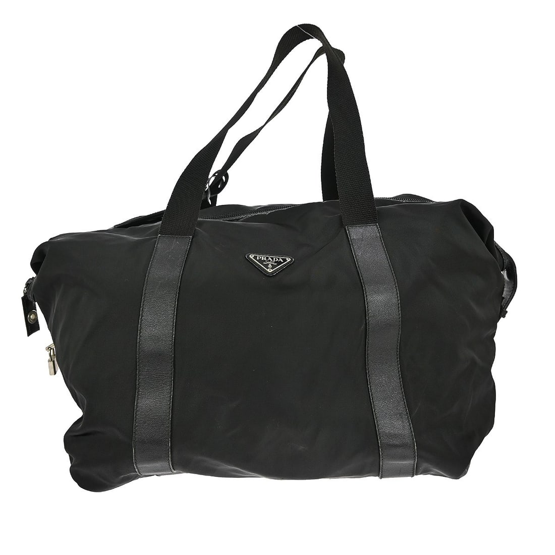 Unisex Nylon Duffle Bag Prada Weekend Model Black with Saffiano Trim: Unisex Nylon Duffle Bag Prada Weekend Model Black with Saffiano Trim This Prada Weekend Duffle Bag features a black nylon body complemented by saffiano leather details. Designed for unisex use, it off