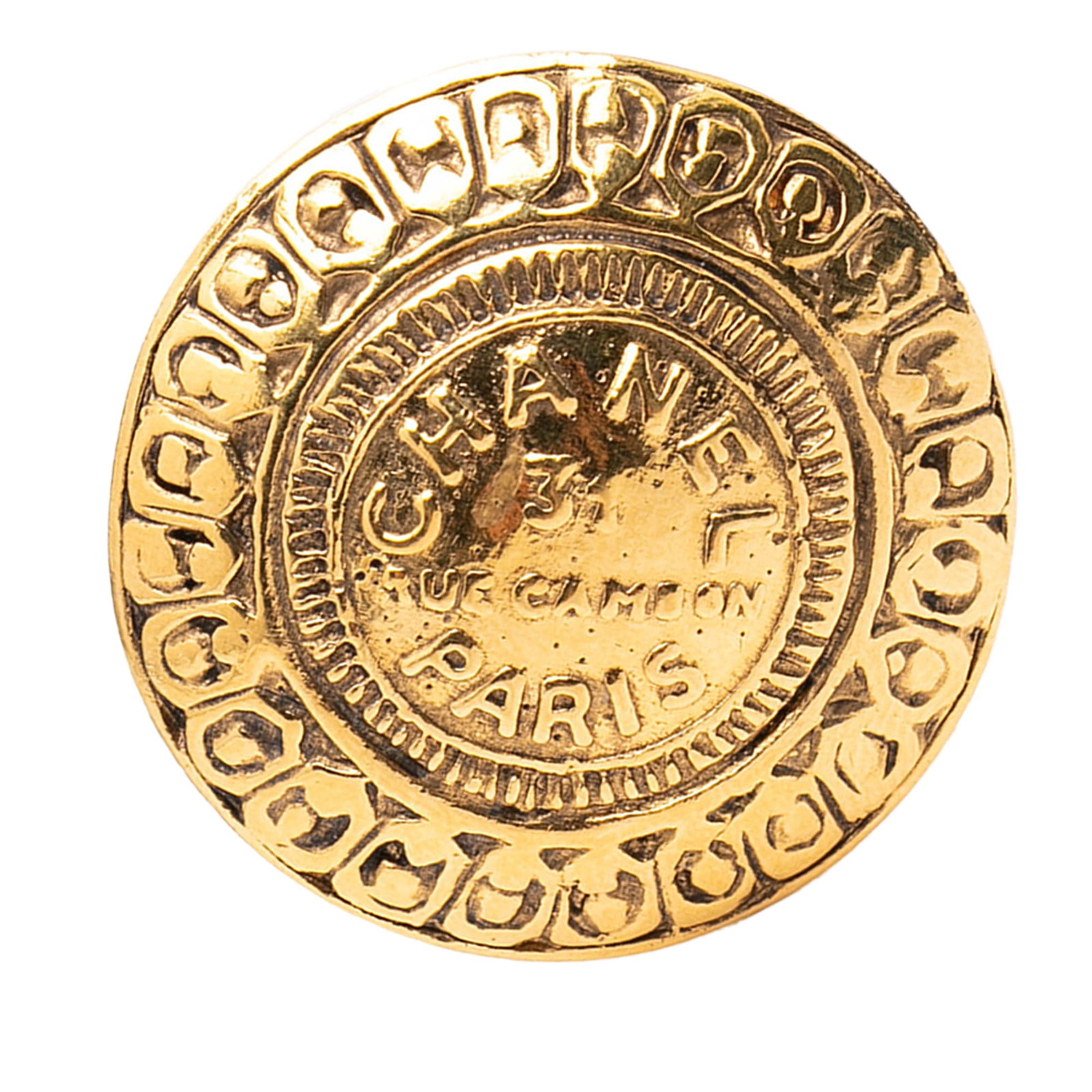 Chanel 31 Rue Cambon Circular Gold Tone Metal Costume Brooch (1 of 3)