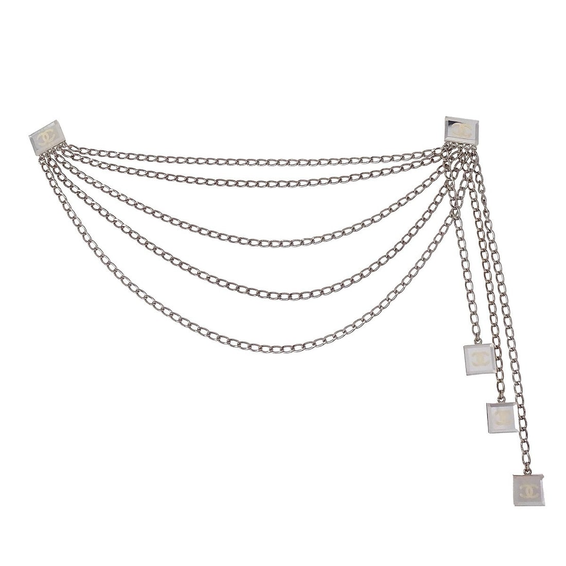 Silver Plated Charm Brooch with Chain by Chanel: Silver Plated Charm Brooch with Chain by Chanel This Chanel brooch features a silver-plated chain design with charm and clip detail. Crafted in France, it showcases the brand's signature elegance and 