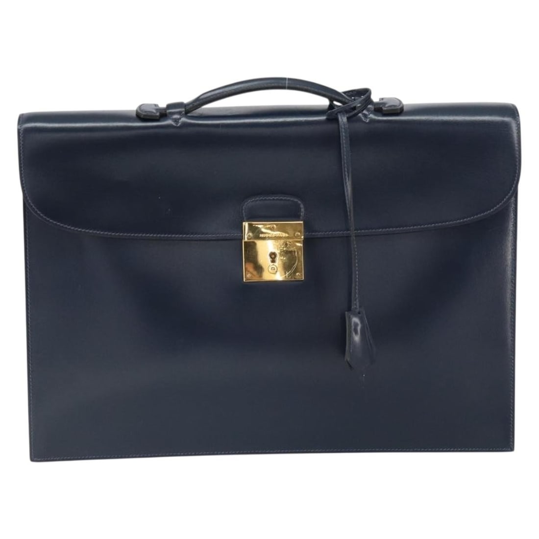Hermes Navy Leather Sac a Depeches Briefcase 37cm by 27cm: Hermes Navy Leather Sac a Depeches Briefcase 37cm by 27cm Hermes Sac a Depeches unisex bag crafted from navy leather. The bag shows signs of use with slight rubbing, partial staining, and minor scratc