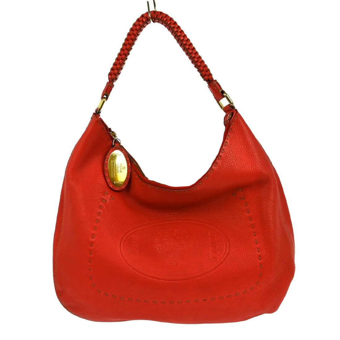 Fendi Selleria Medium Red Leather Shoulder Handbag with Logo and Adjustable Strap: Fendi Selleria Medium Red Leather Shoulder Handbag with Logo and Adjustable Strap Elevate your casual ensemble with the Fendi Red Selleria Handbag, a stunning accessory crafted from premium leather. T