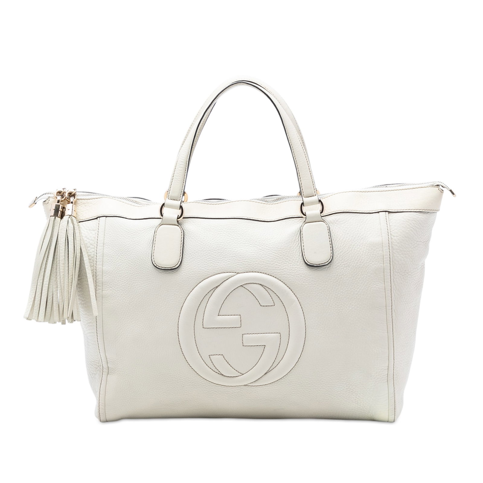 White Leather Soho Tote by Gucci with Tassel Detail: White Leather Soho Tote by Gucci with Tassel Detail This Gucci Large Leather Soho Working Tote features a white leather body with flat leather handles and a top zip closure accented by a tassel detail